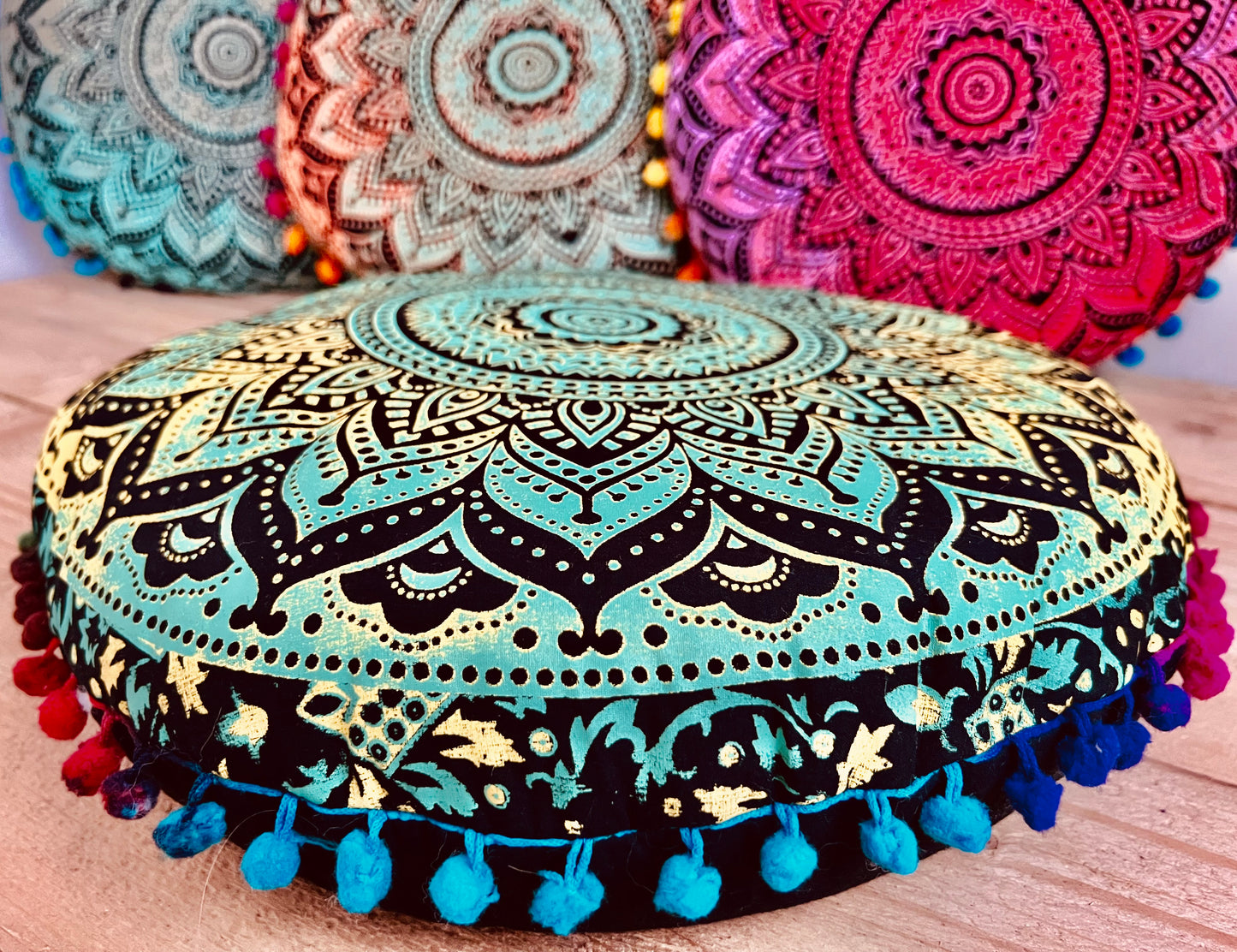 Handmade Fair Trade Round Mandala Print Yoga Meditation Floor Cushion Boho Hippie Home Decor Pom Pom