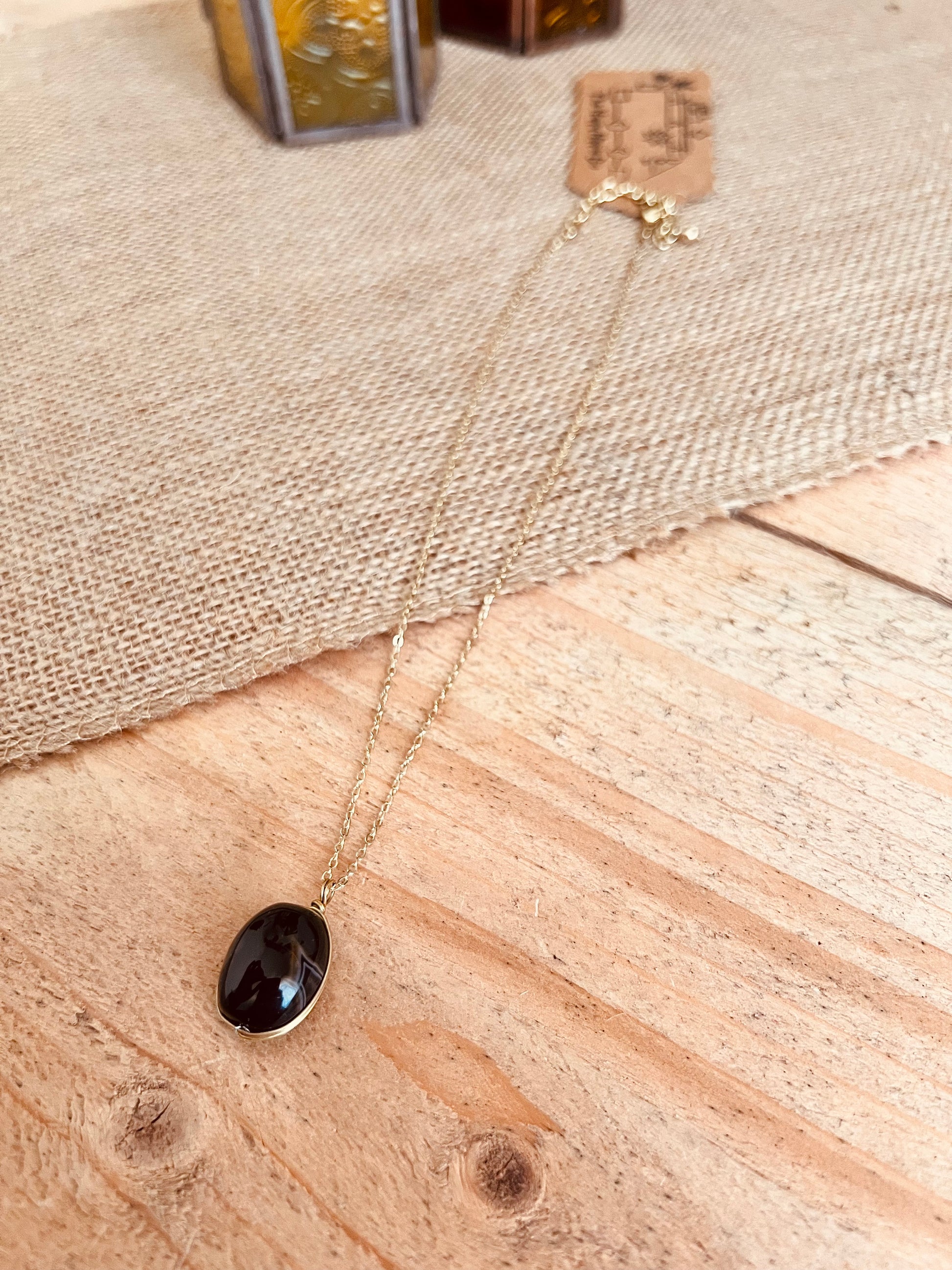 Gem stone pendant necklace handmade fair trade ethical jewellery onyx ethically sourced polished stone necklace