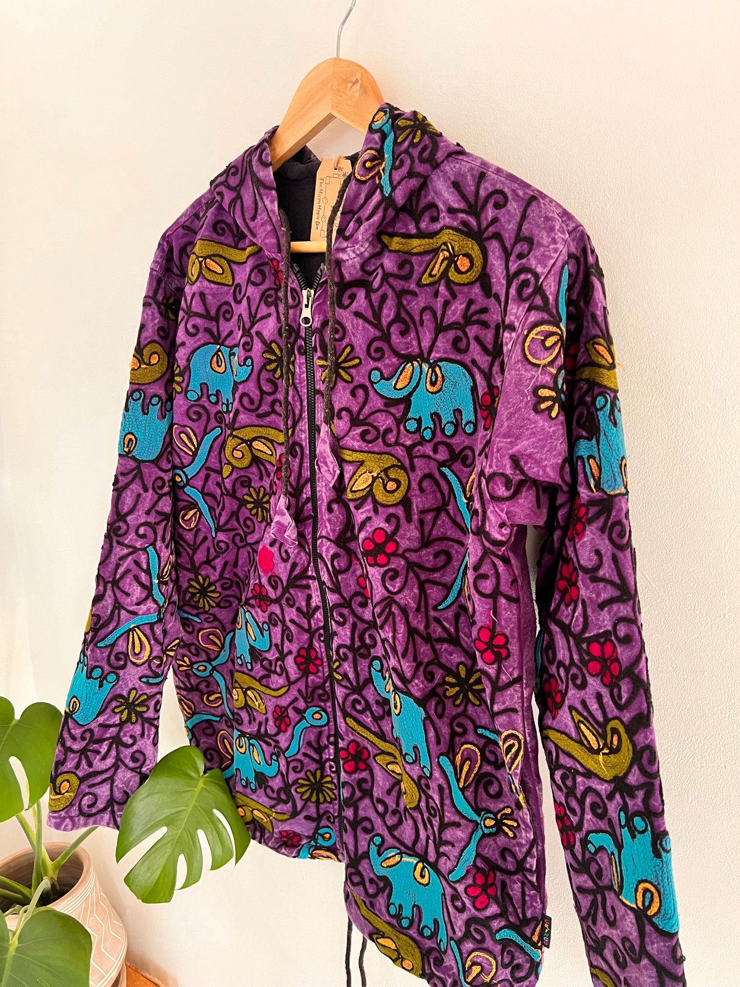 Handmade Fair Trade Purple Embroidered Elephant Print Hooded Jumper 