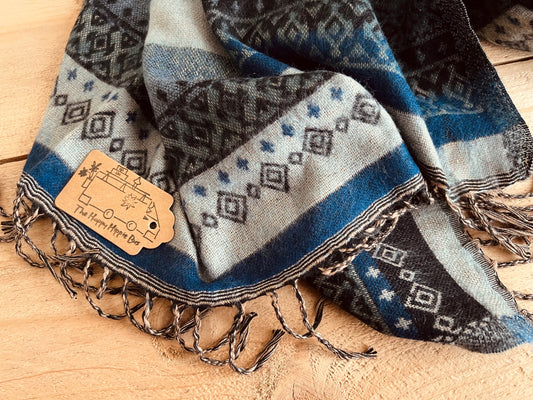 Handmade Fair Trade Ethically Sourced Dark able Grey Bohemian Oversized Hippie Scarf With Tassels Boho Pattern Soft Vegan Friendly