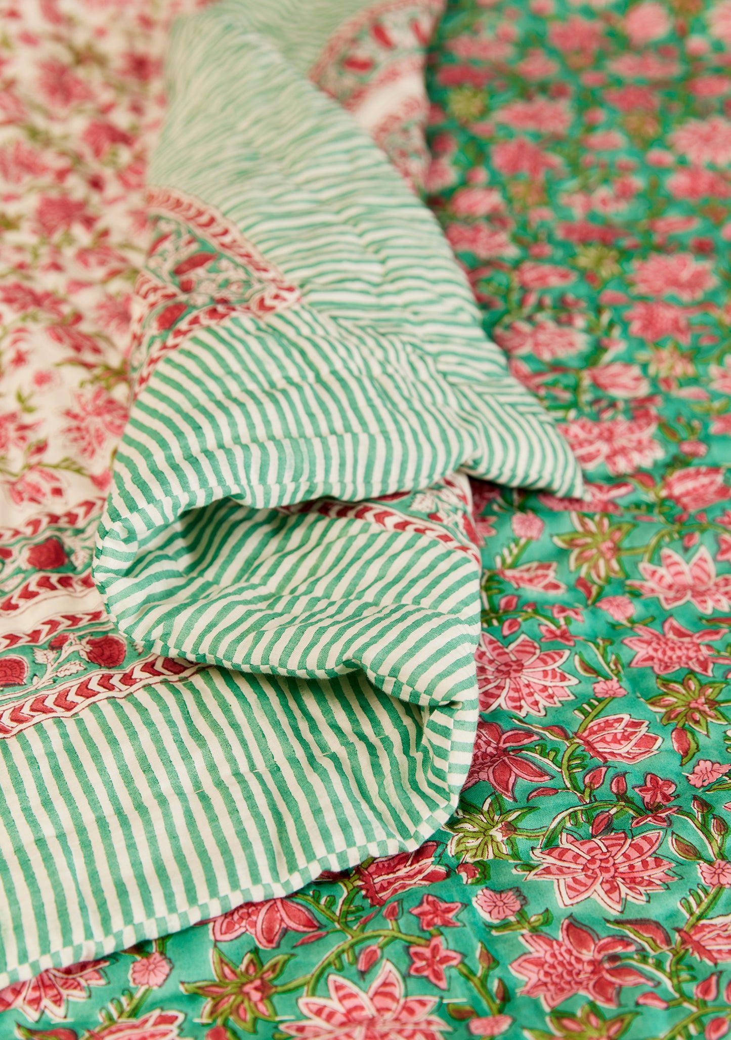 Handmade Fair Trade Ethically Sourced Bohemian Hippie Green Revers-able Bedspread  Green Pink Yellow Throw Blanket Qulit 