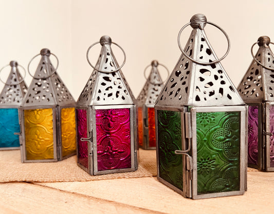 Mini stained glass Moroccan lantern tea light candle holder handmade fair trade small metal glass lantern 