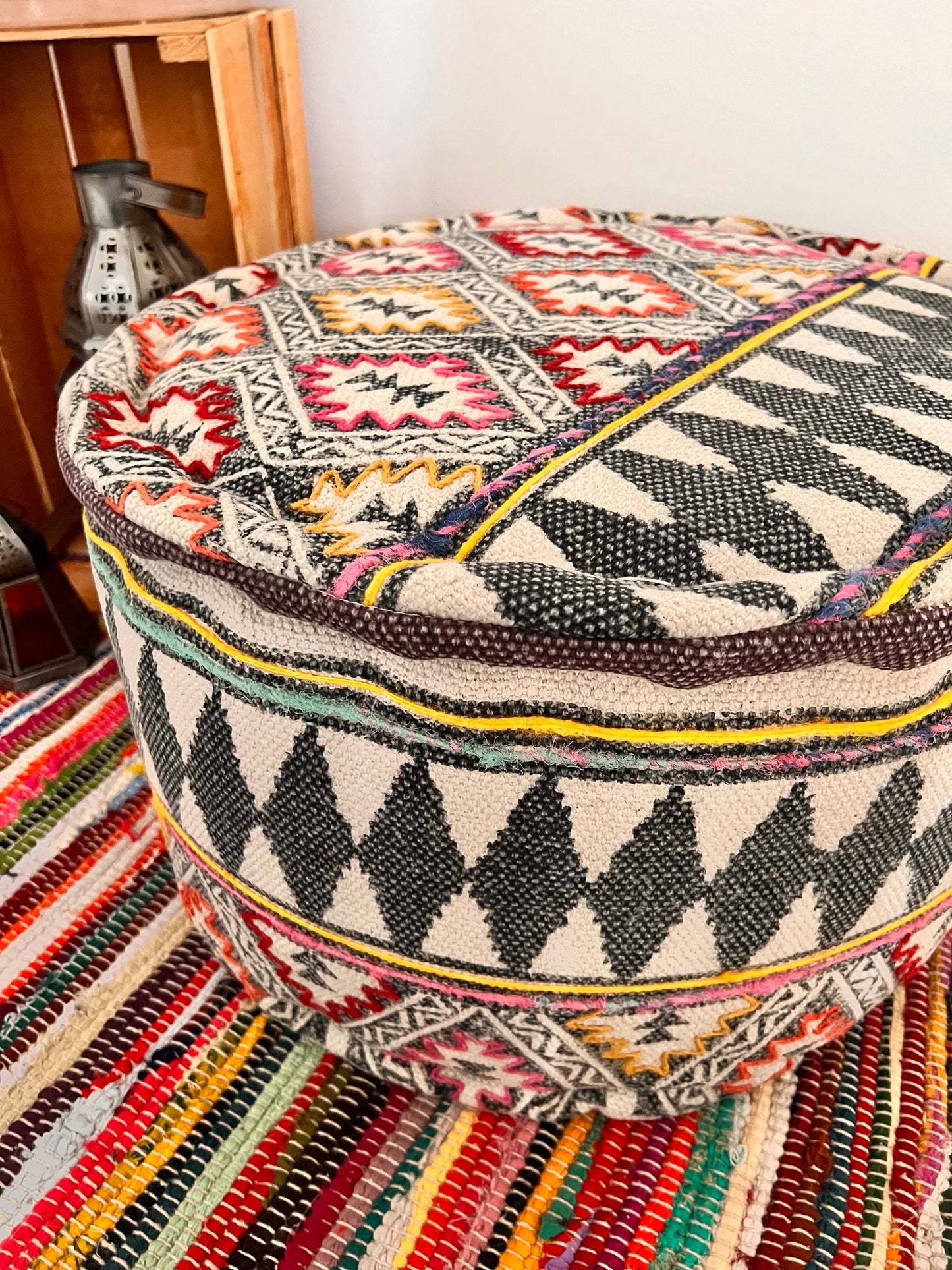 handmade large round footstool pouffe in tribal boho design