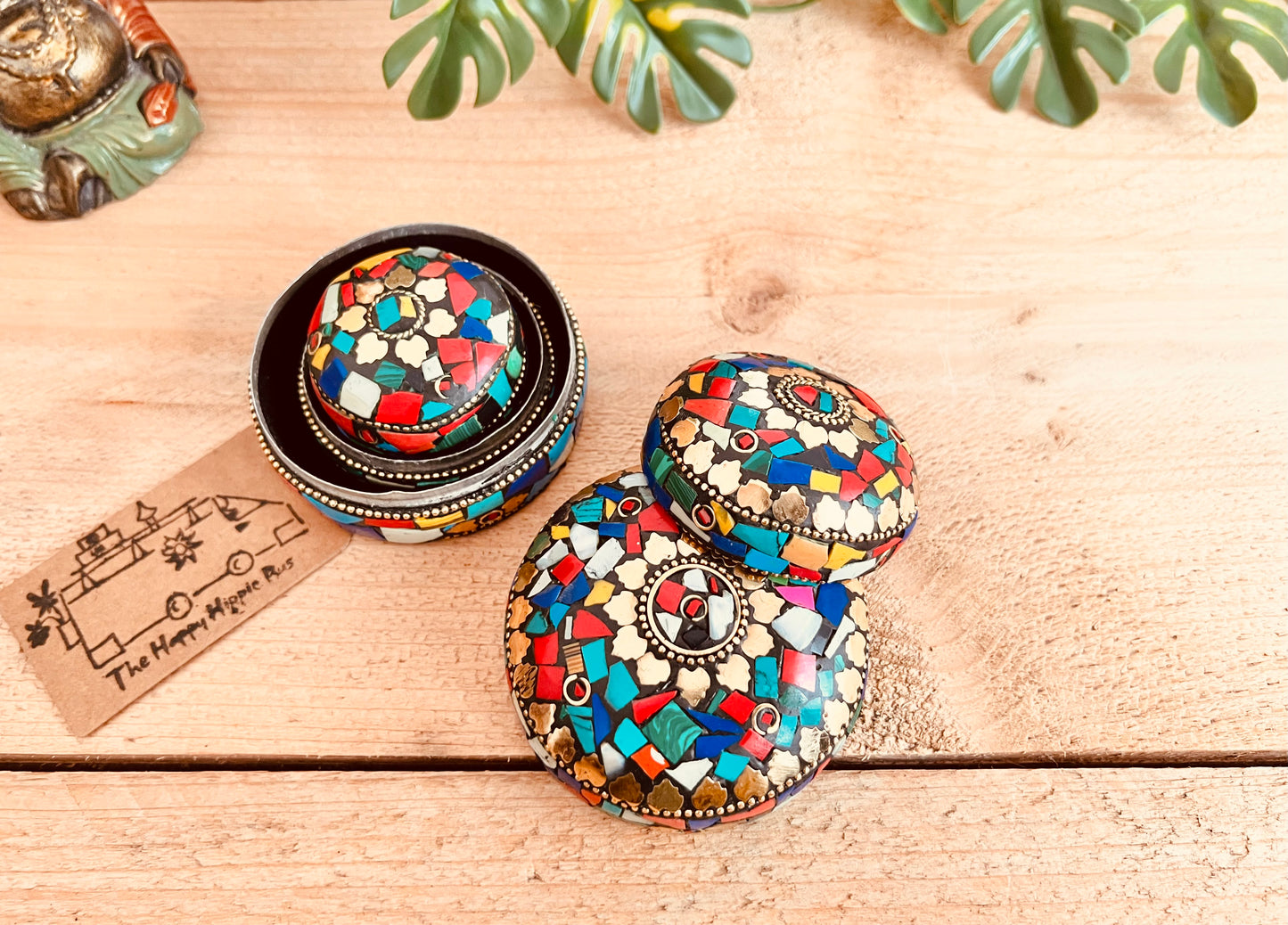 Nesting mini metal trinket jewellery storage boxes, handmade with multicolour mosaic & gold design round mini storage boxes, three sizes nesting mini trinket boxes