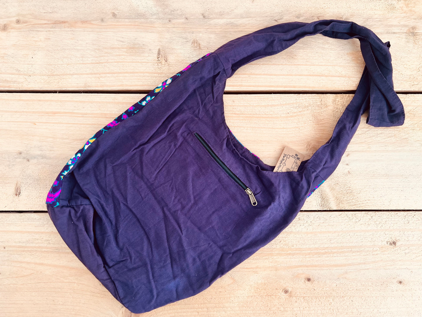 Rear of Shoulder bag in peacock mandala print design, purple & blue cotton hand printed boho shoulder cross body bag, handmade fair trade hippie bag, ethical fair trade accessories 
