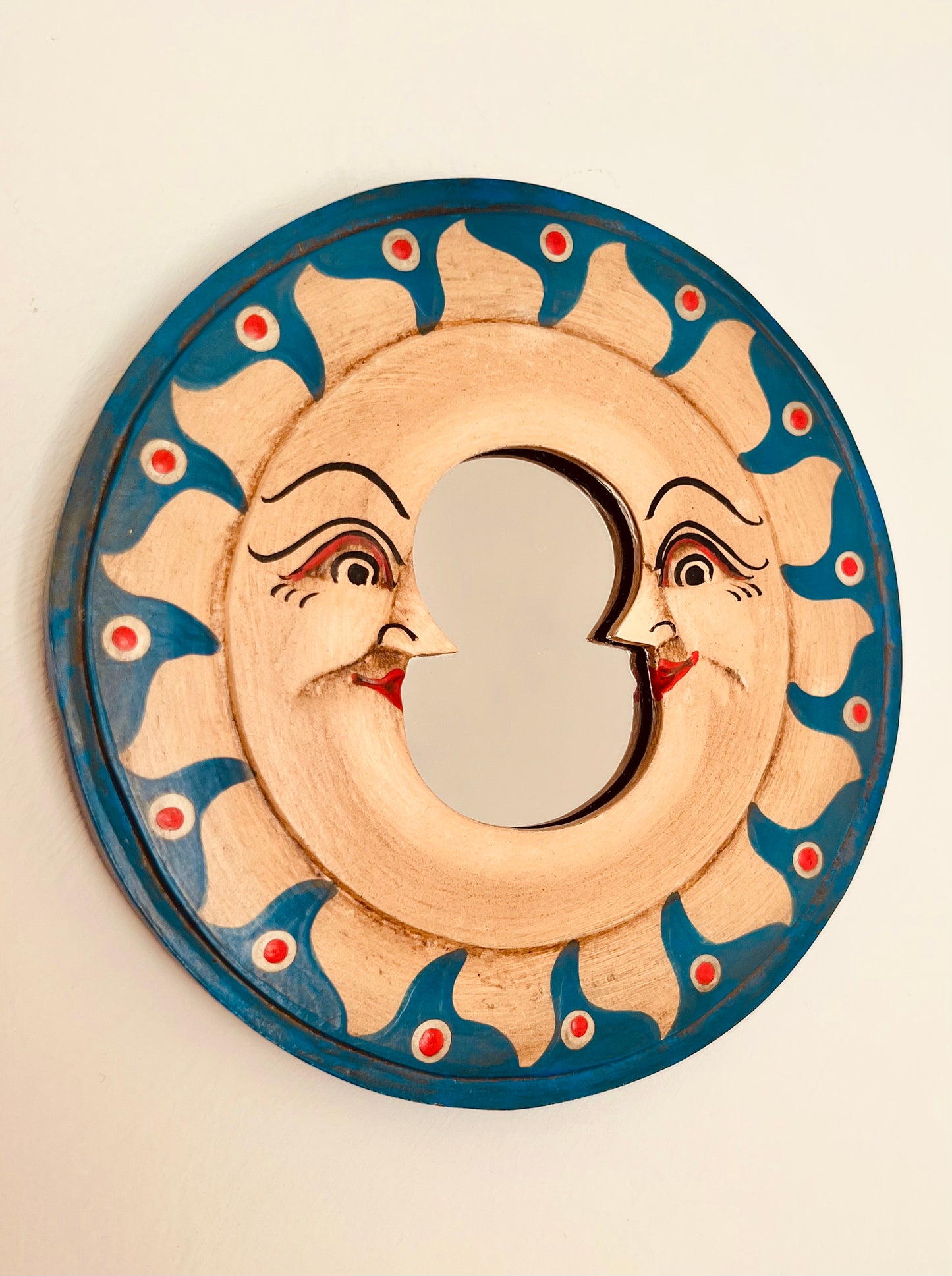 Decorative wall mirror with sun and moon design hippie ethical home decor