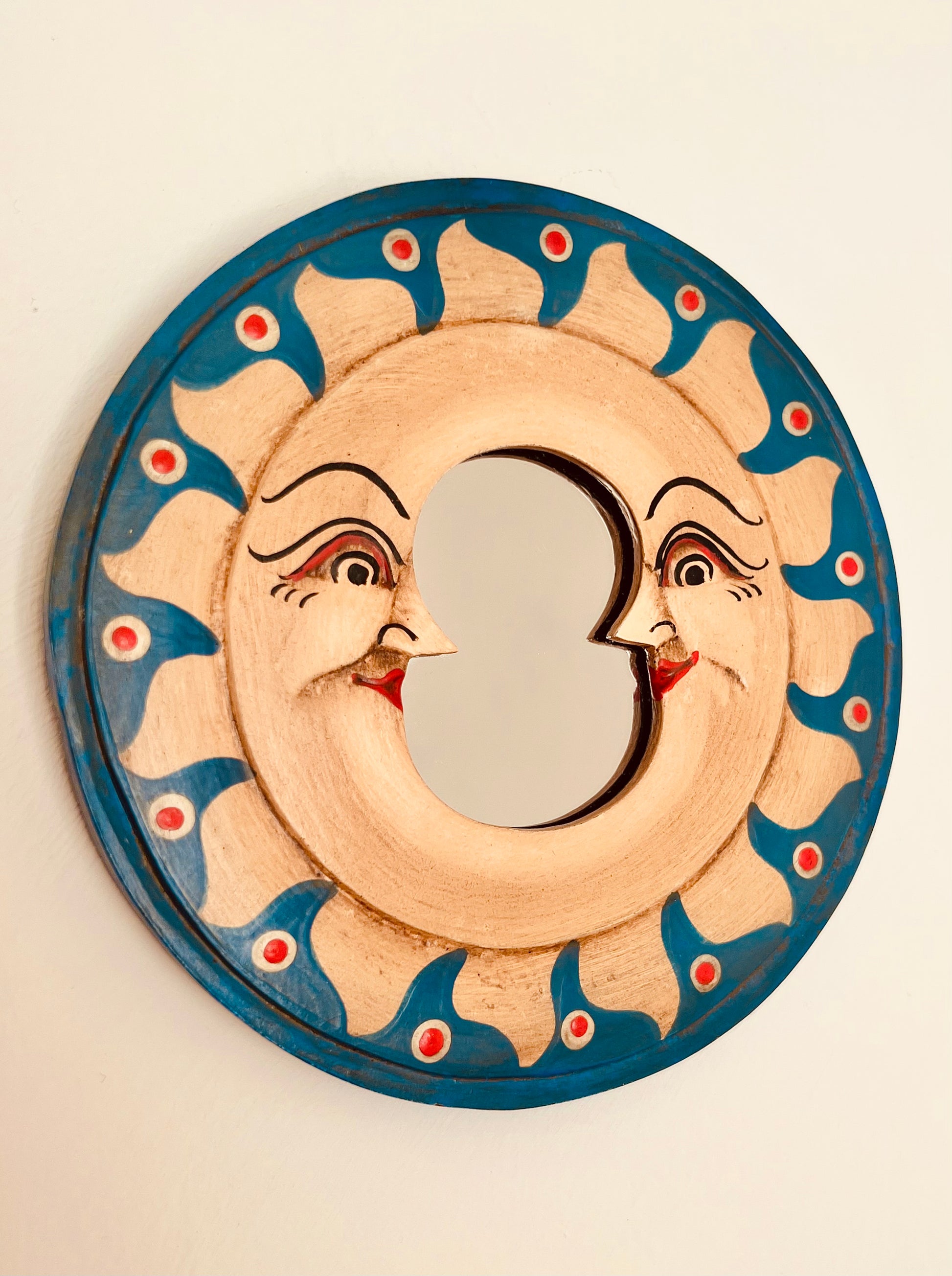 Decorative wall mirror with sun and moon design hippie ethical home decor