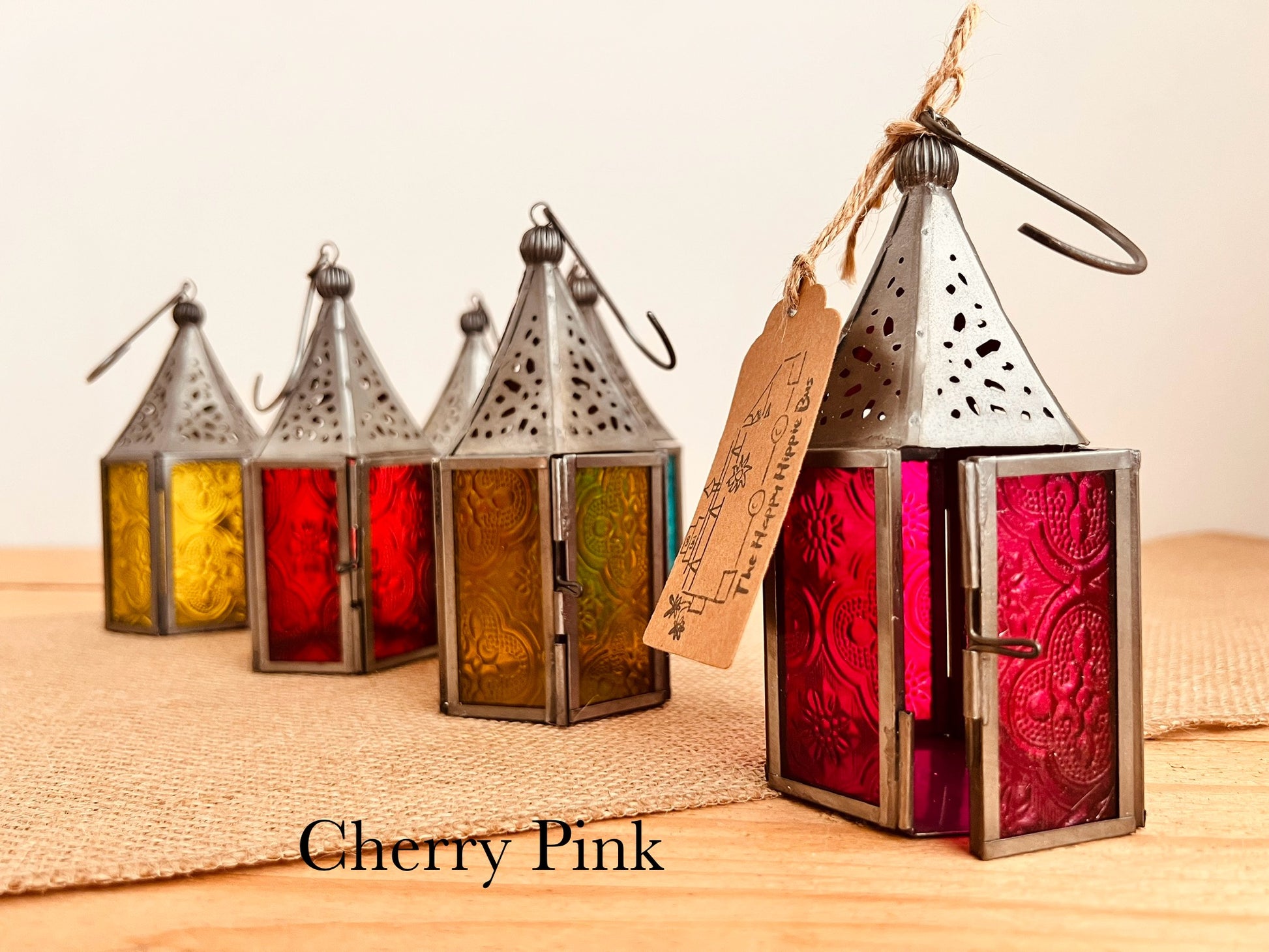 Handmade Fair Trade Ethically Sourced Recycled Metal Glads Lantern Moroccan Style T Light Holder Small Colourful Boho Hippie Decor Orange Purple Green Blue Purple Yellow Pink Red Silver Mini Lantern 