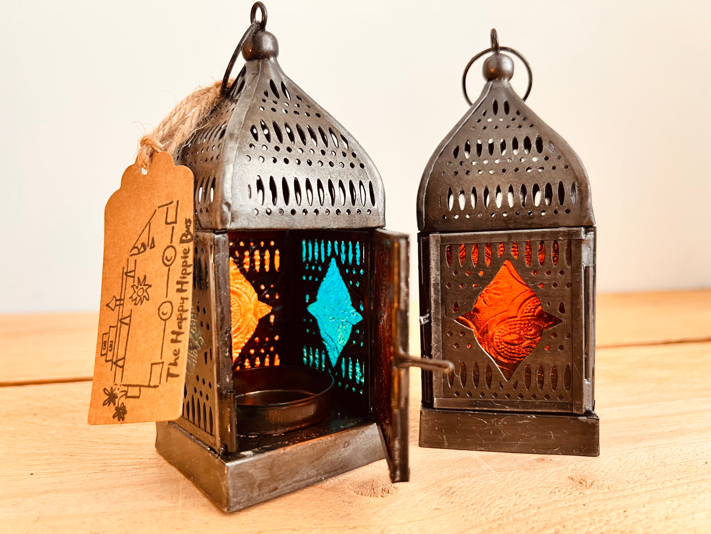 Handmade Faire Trade Ethically Sourced Bohemian Hippie Moroccan Style Lantern Silver Orange Blue T Light Holder Mini Gift Hanging Decor Unique Recycled Metal Eco Plastic Free