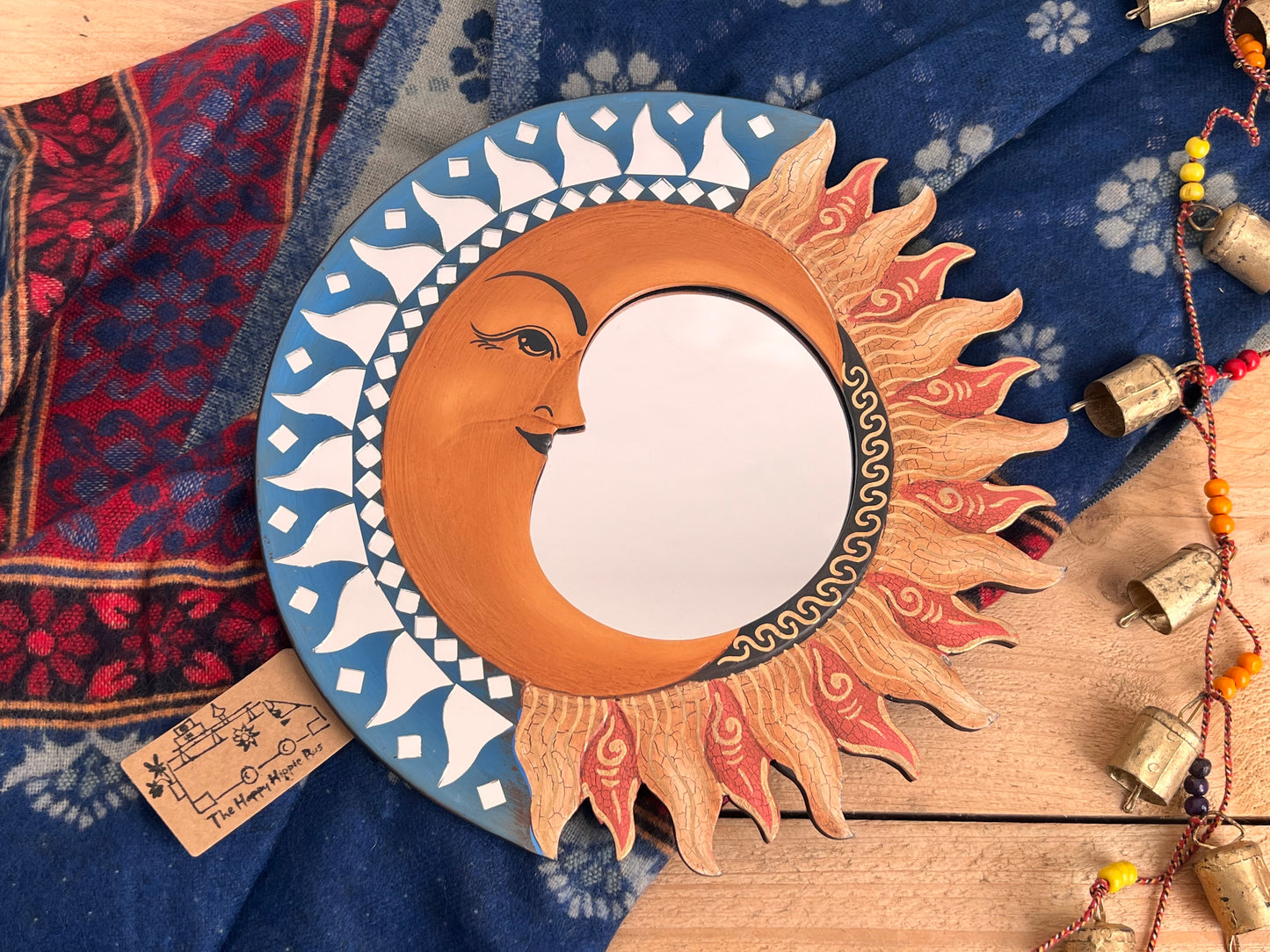 Handmade sun and moon wall mirror with mosaic mirror tile detailing