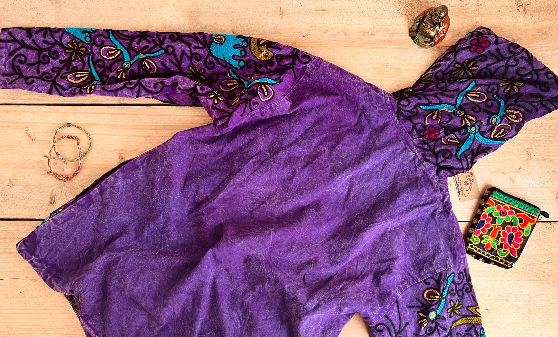 Handmade Fair Trade Purple Embroidered Elephant Print Hooded Jumper 