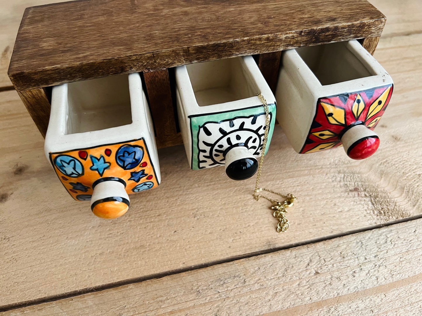 Handmade Fair Trade Three Drawer Mango Wodd Trinket Box Jewellery Box Ceramic Hand Painted Drawers