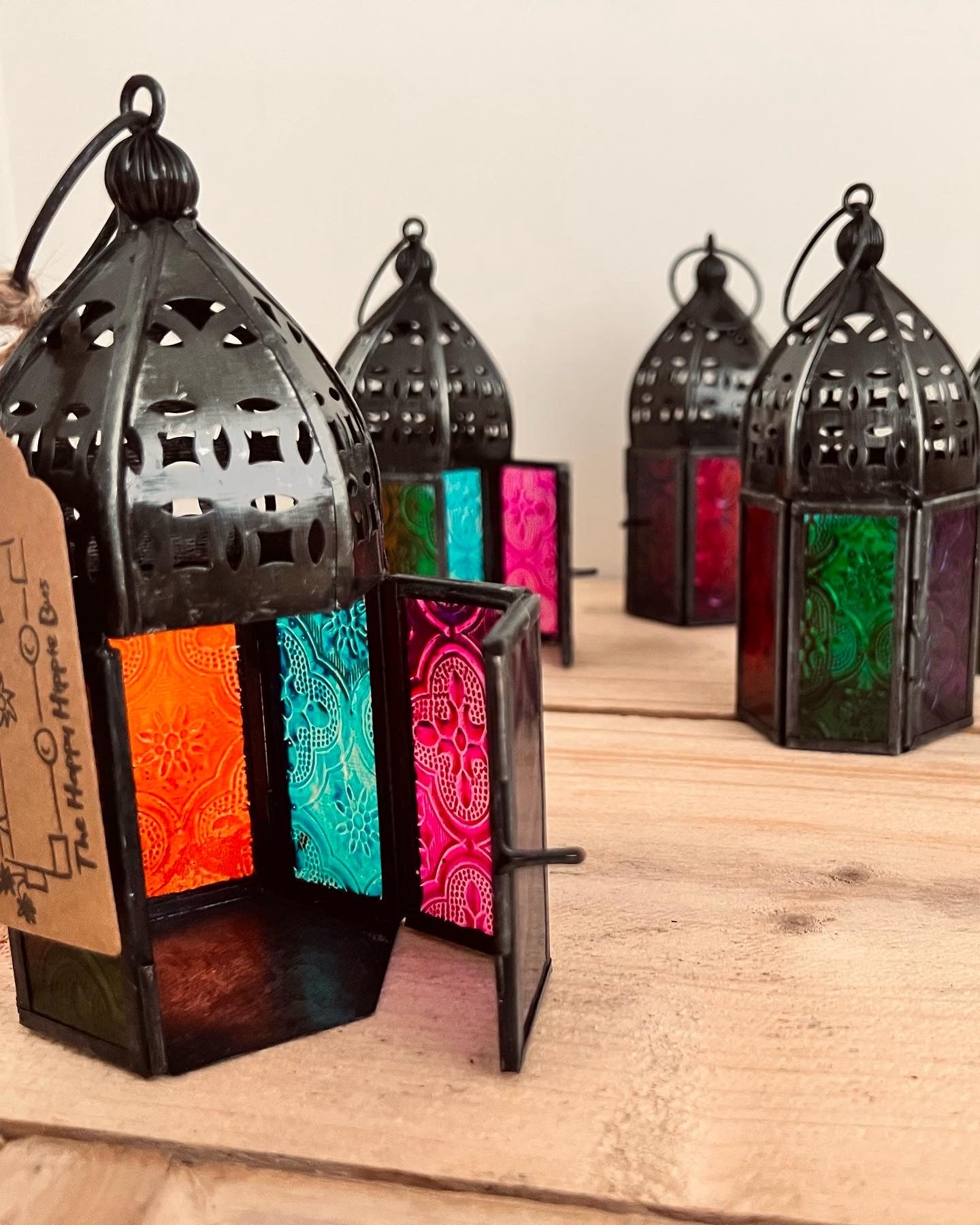 Handmade Fair Trade Moroccan Style Lantern with Multi Coloured Glass Bohemian Hippie T Light Holder 