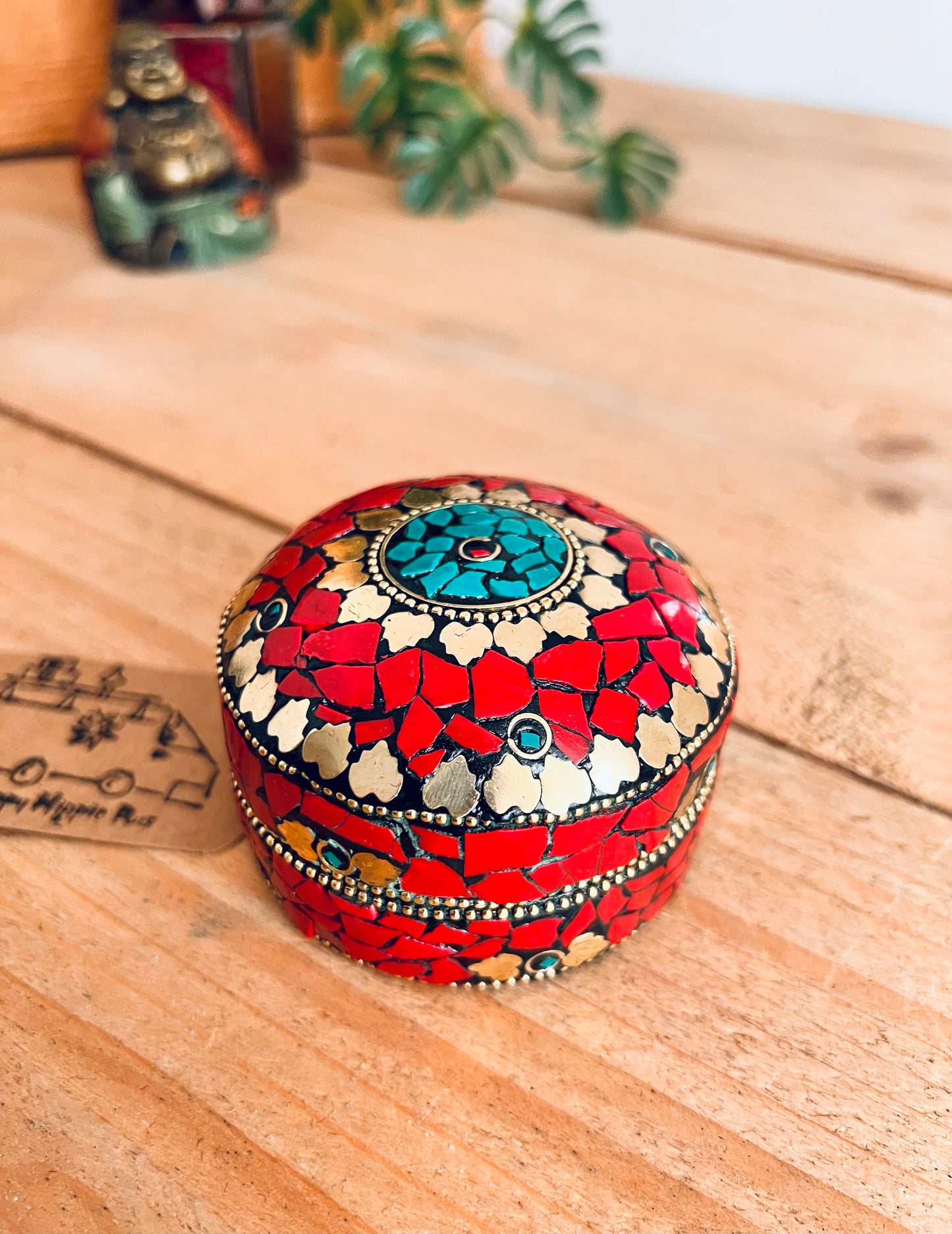Large Red & Gold Mosaic Mini Trinket Boxes,  Nesting Metal Boxes, Handmade Fair Trade Round Decorative Small Storage boxes in three sizes