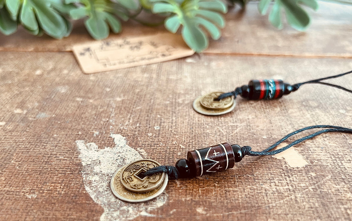 Good Fortune Coin & Tribal Boho Bead Cord Necklace