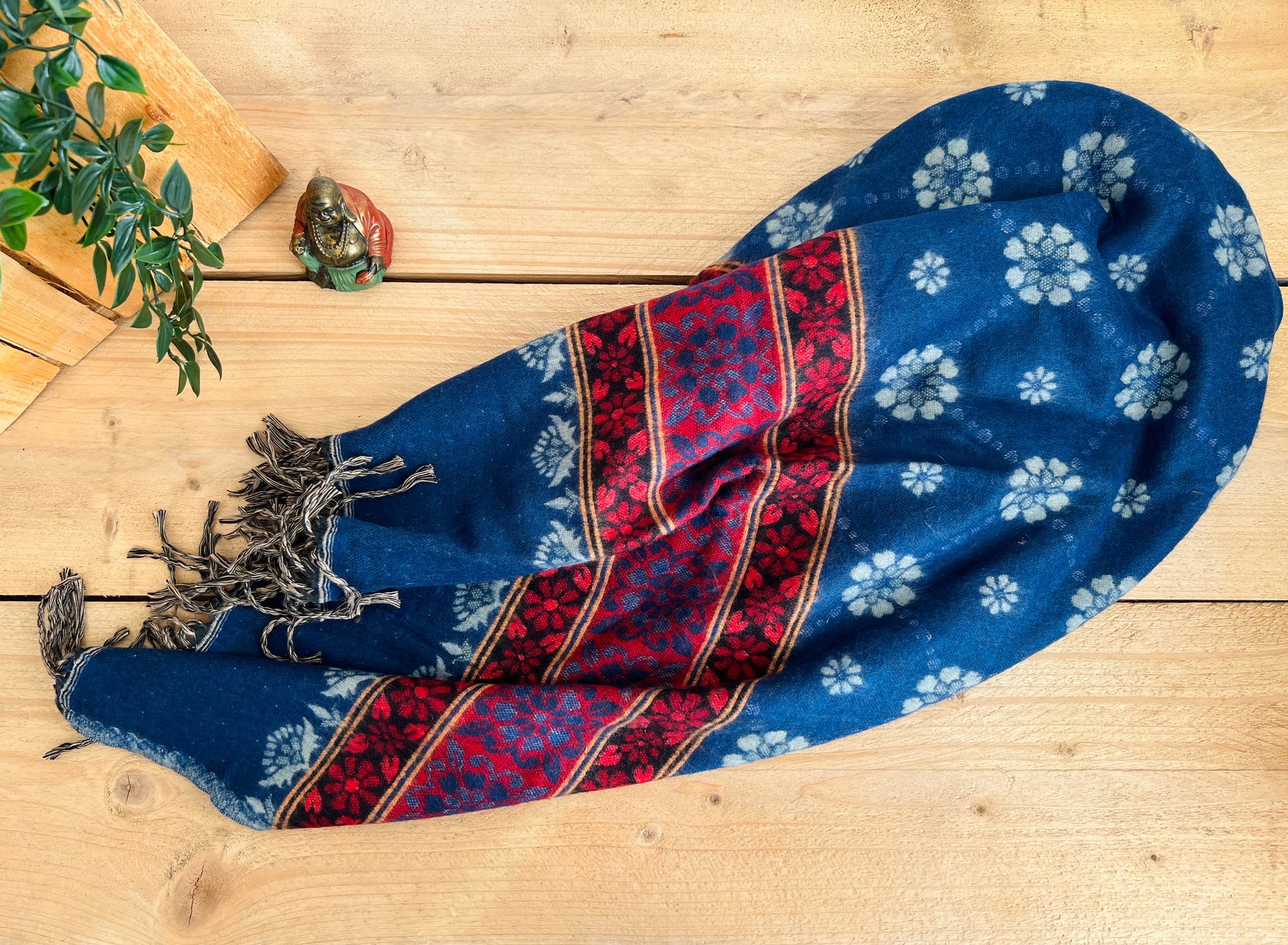 Indigo blue and red handmade blanket scarf 