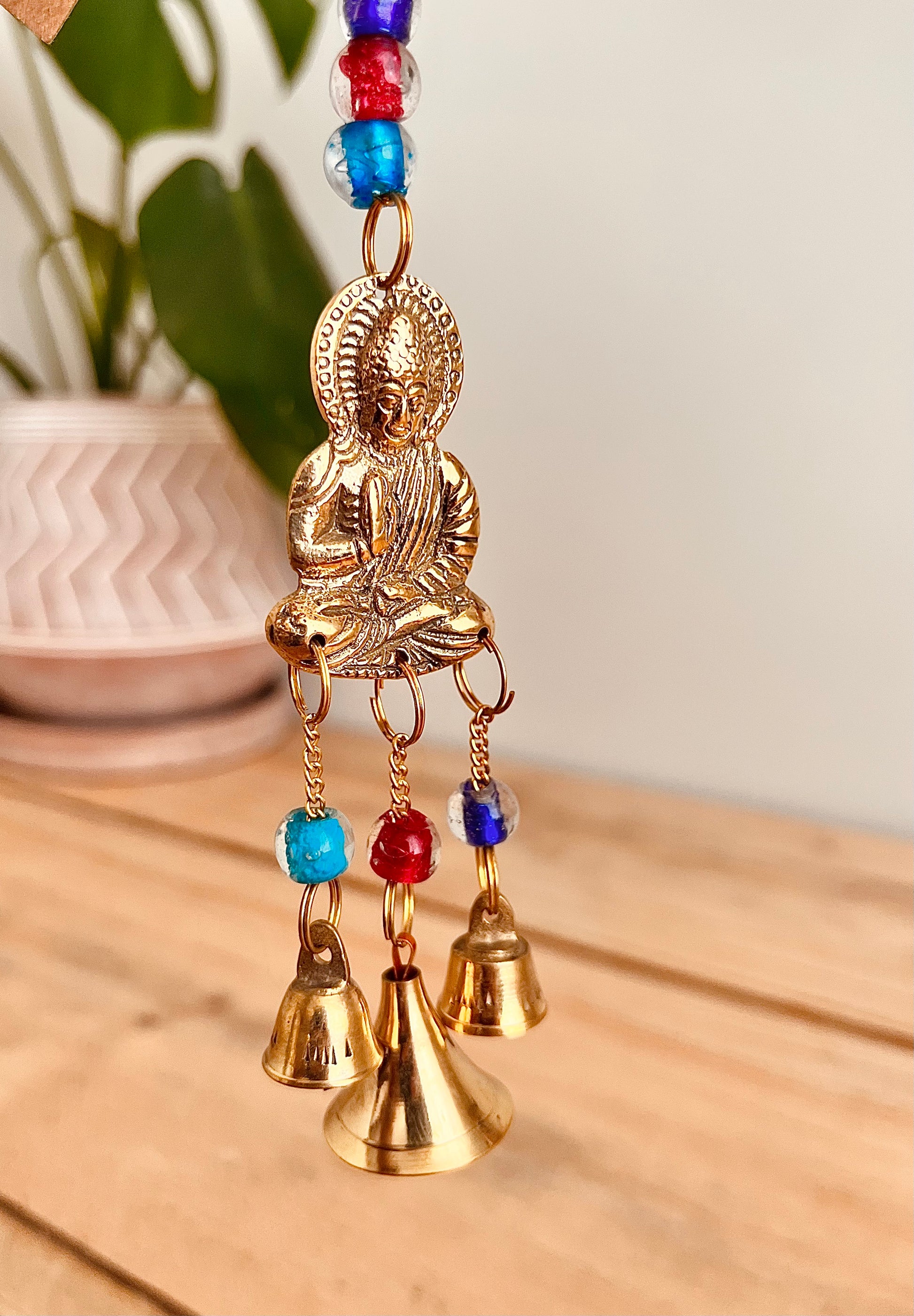 Handmade Fair Trade Recycled Brass Sitting Buddha Hanging Bell Mini With Glass Beads Hanging Bells