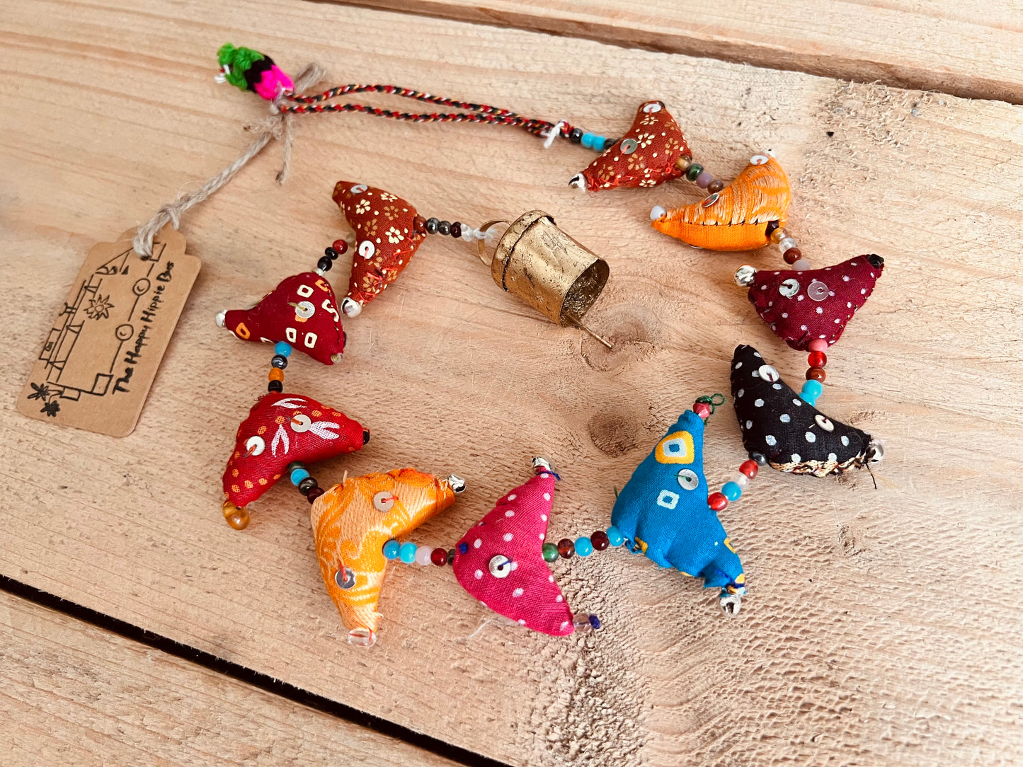 Tota traditional hanging fabric mini bird bells hanging multicoloured wind chime bell handmade fair trade ethically sourced 