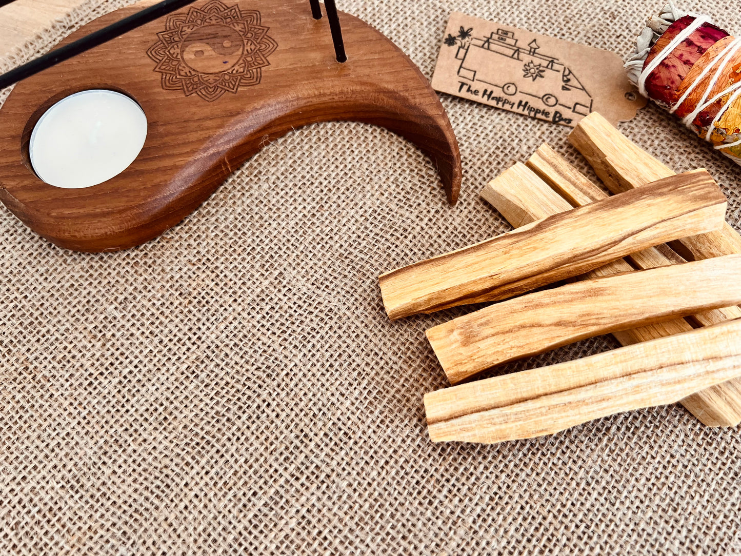 Hand carved mango wood palo santo heater smudge stick holder burner ethically sourced sustainable hippie boho decor 