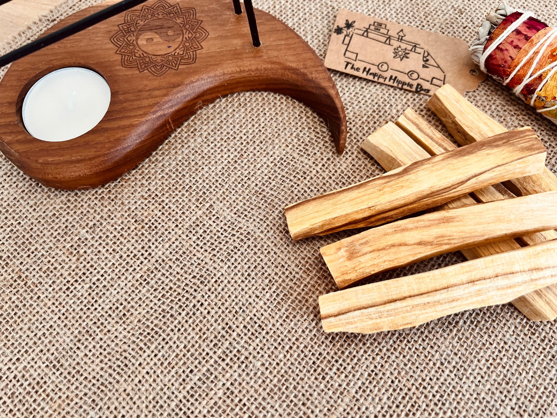 Hand carved mango wood palo santo heater smudge stick holder burner ethically sourced sustainable hippie boho decor 