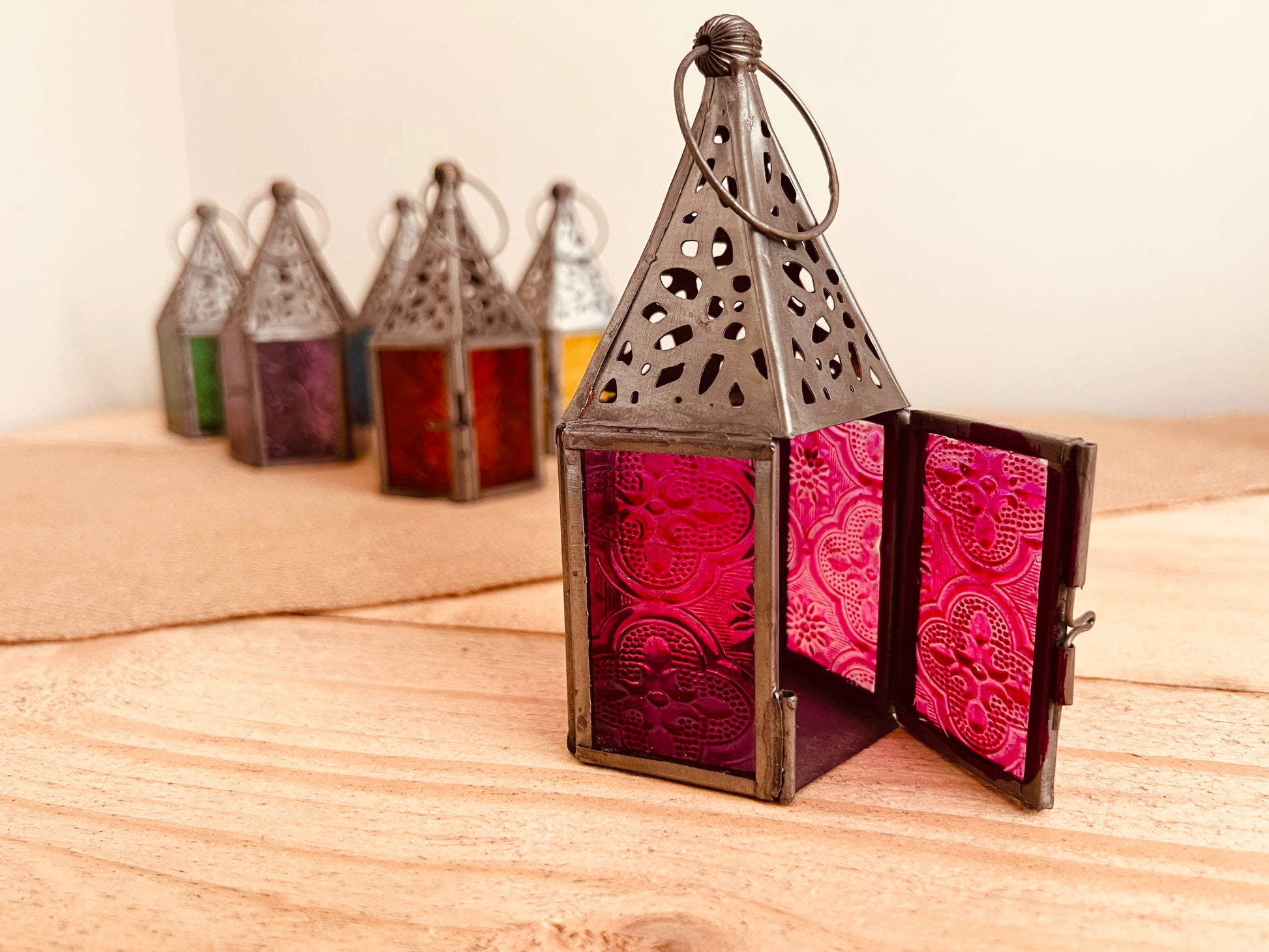 Mini stained glass Moroccan lantern tea light candle holder handmade fair trade small metal glass lantern 