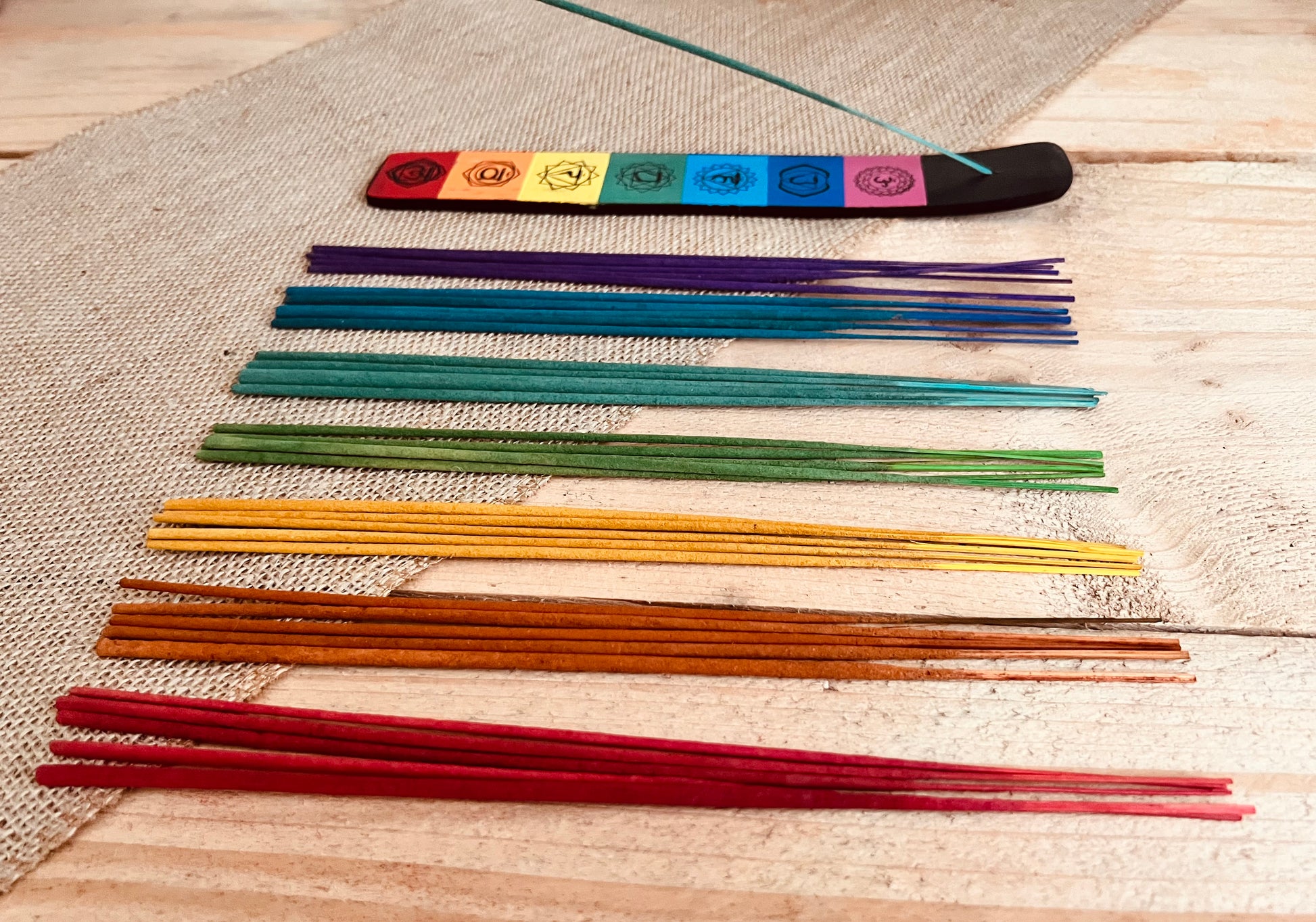 Handmade Fair Trade Chakra Design Mango Wood Incense Holder & Rainbow Incense Sticks Gift Set