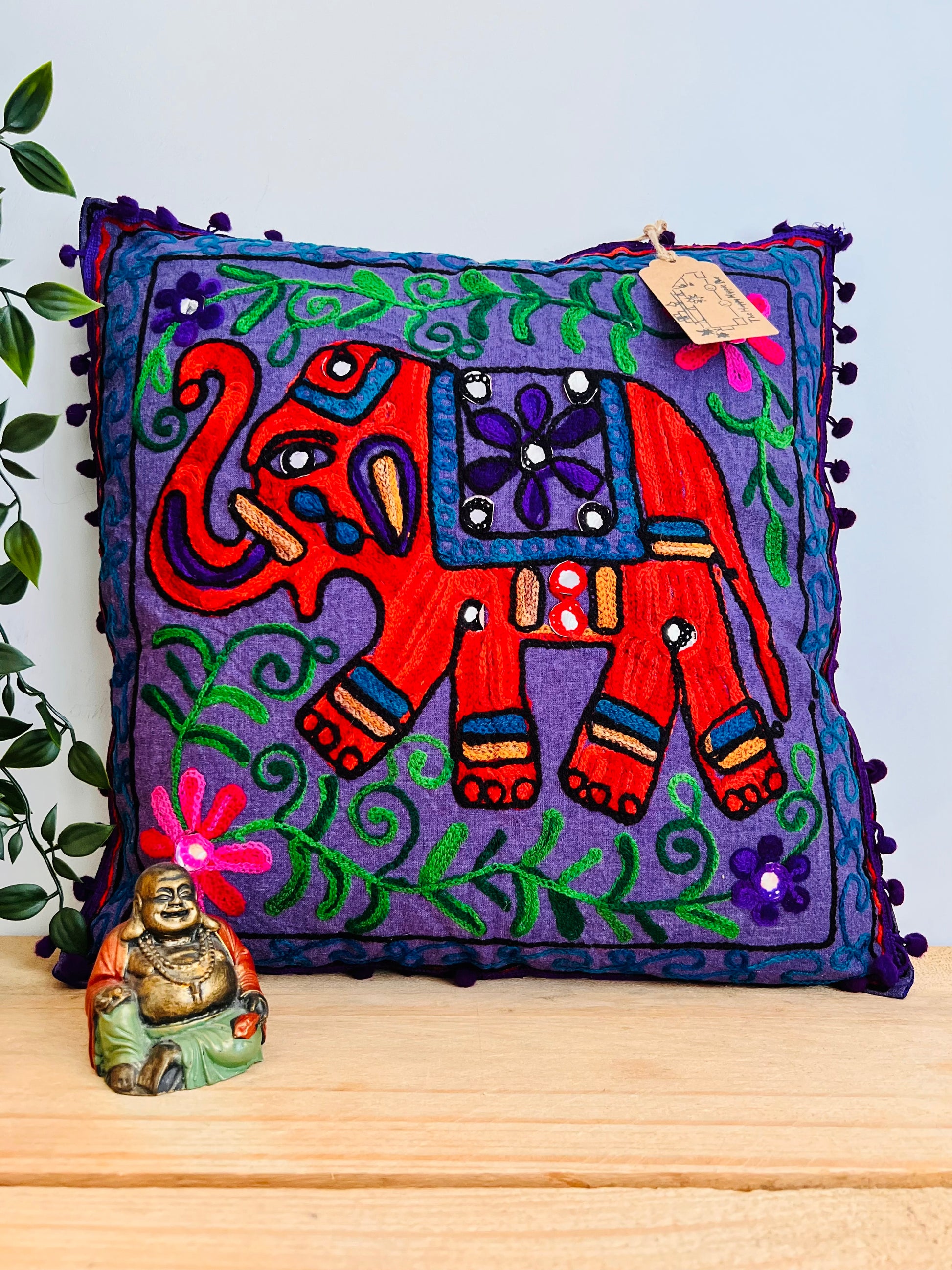 Handmade Embroidered Bohemian Elepahnt Pink Purple Hippie Cushion Cover With Pom Pom Edge Fair Trade Ethically Sourced Handmade