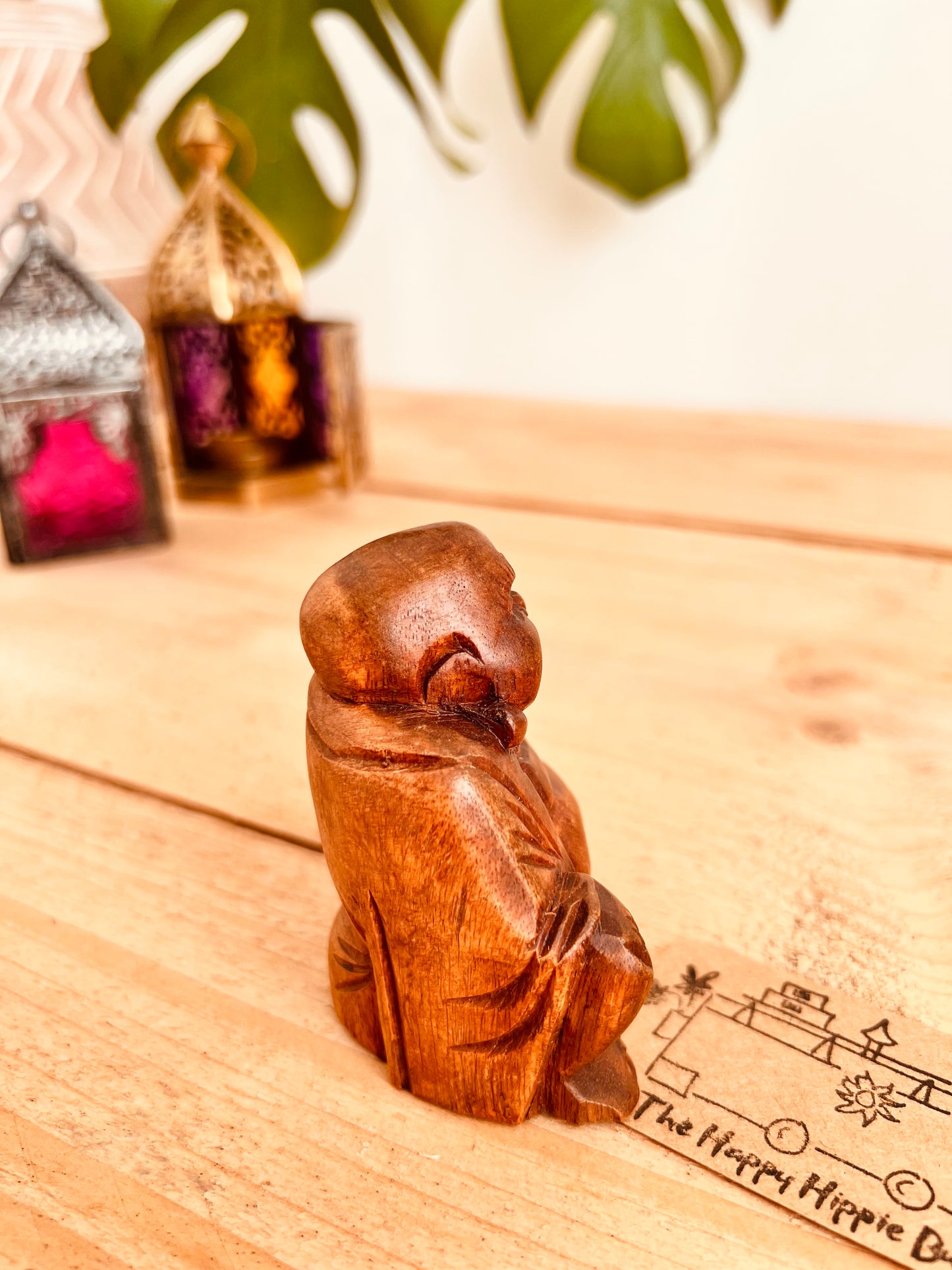 Handmade fair trade carved wooden mini Buddha statue ornament, boho hippie home decor laughing good luck spiritual Buddha home decor mini statue 