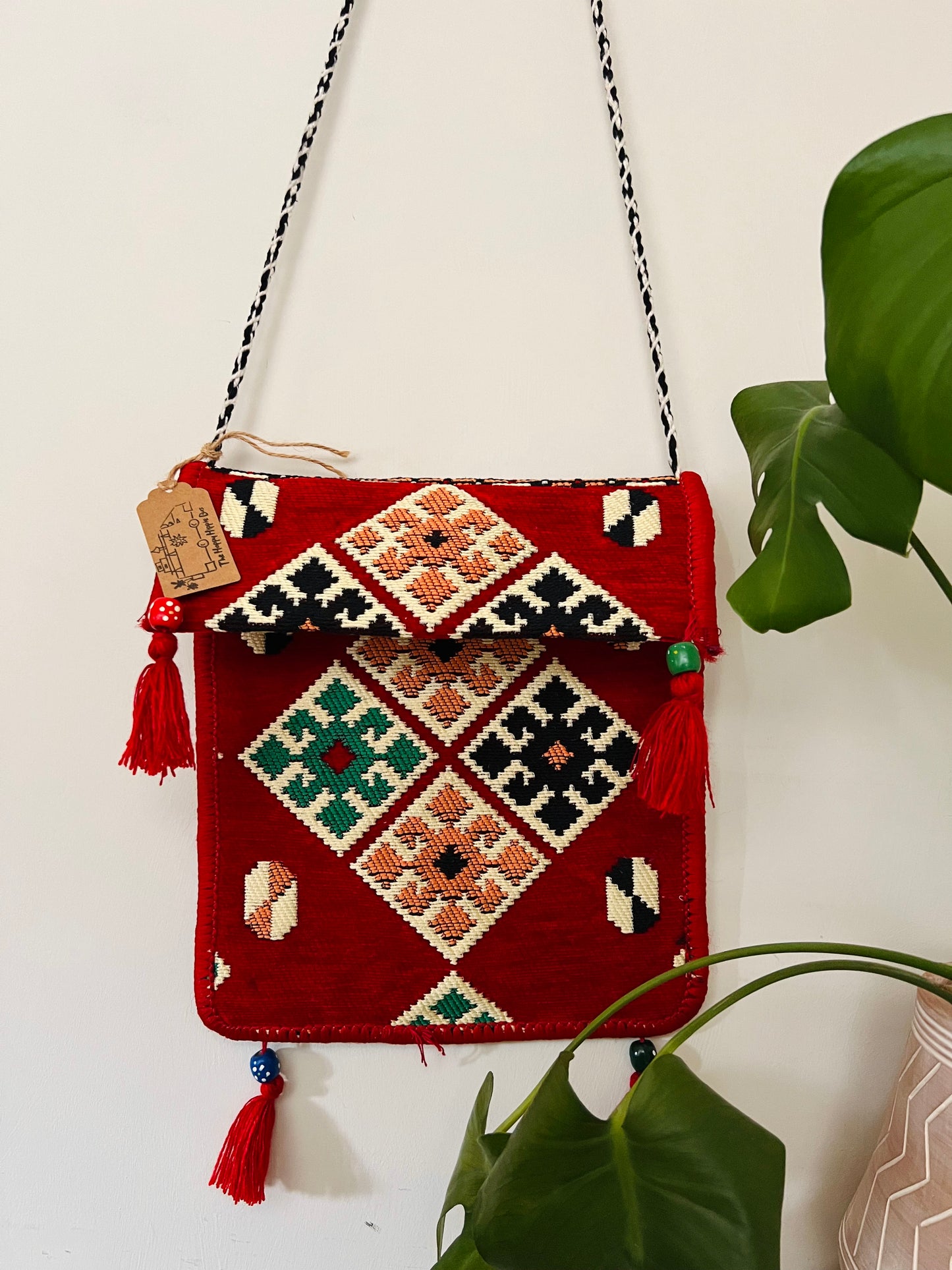 Handmade Fair Trade Kilim Turkish Shoulder Bag Festival Hippie Bohemian Deep Red Square Pattern