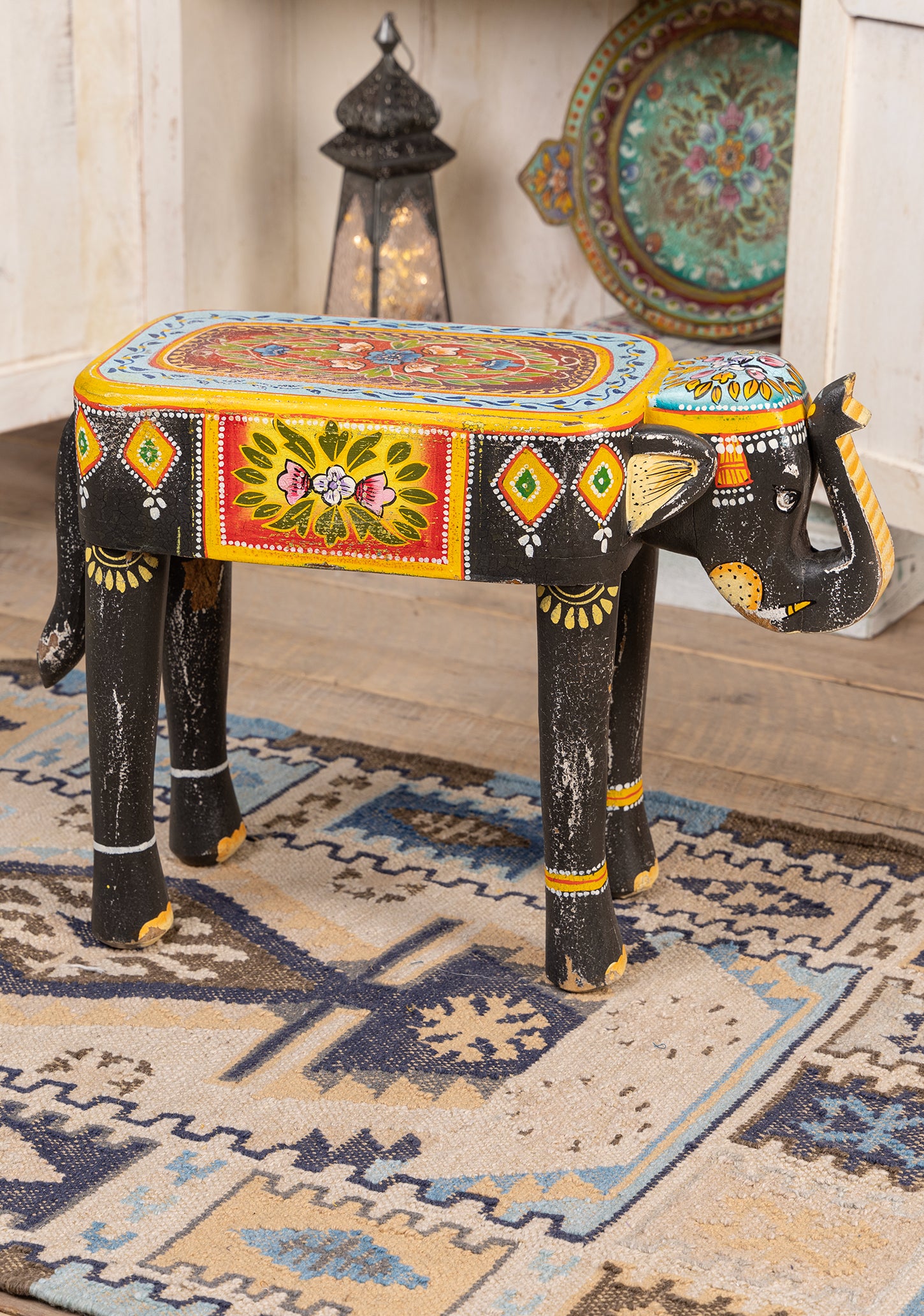 Handmade Fair Trade Ethically Sourced Bohemian Hippie Elephant Black Yellow Table Side Table Unique Hand Painted 