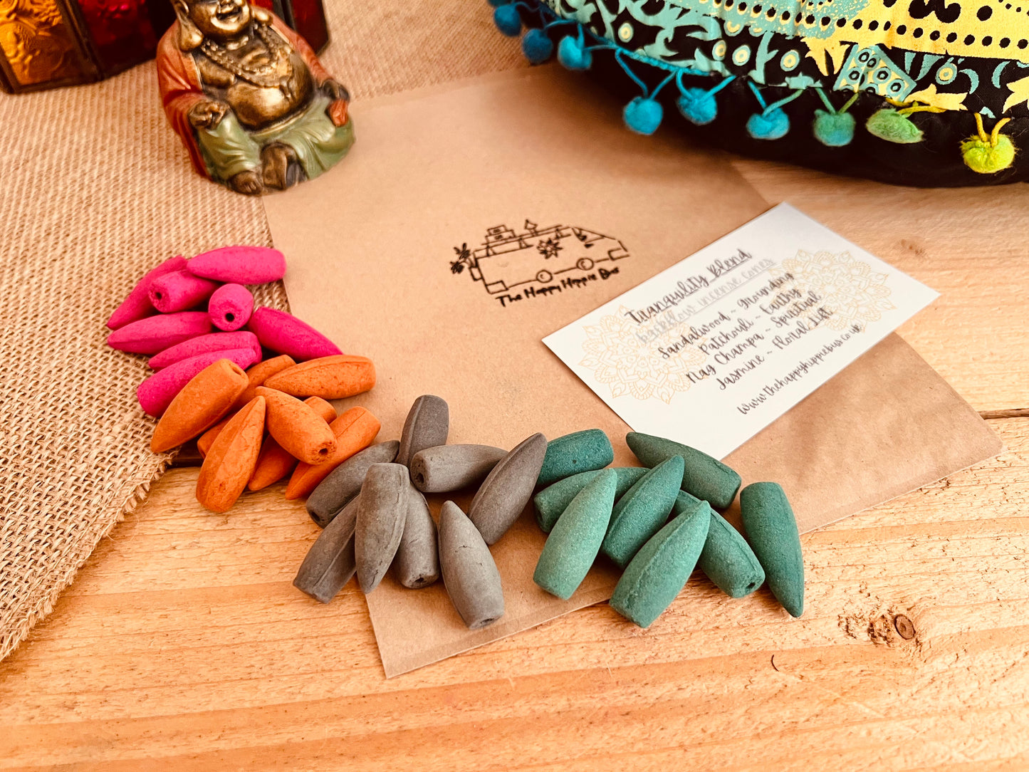 Close-up of Tranquility Blend backflow incense cones in earthy natural tones