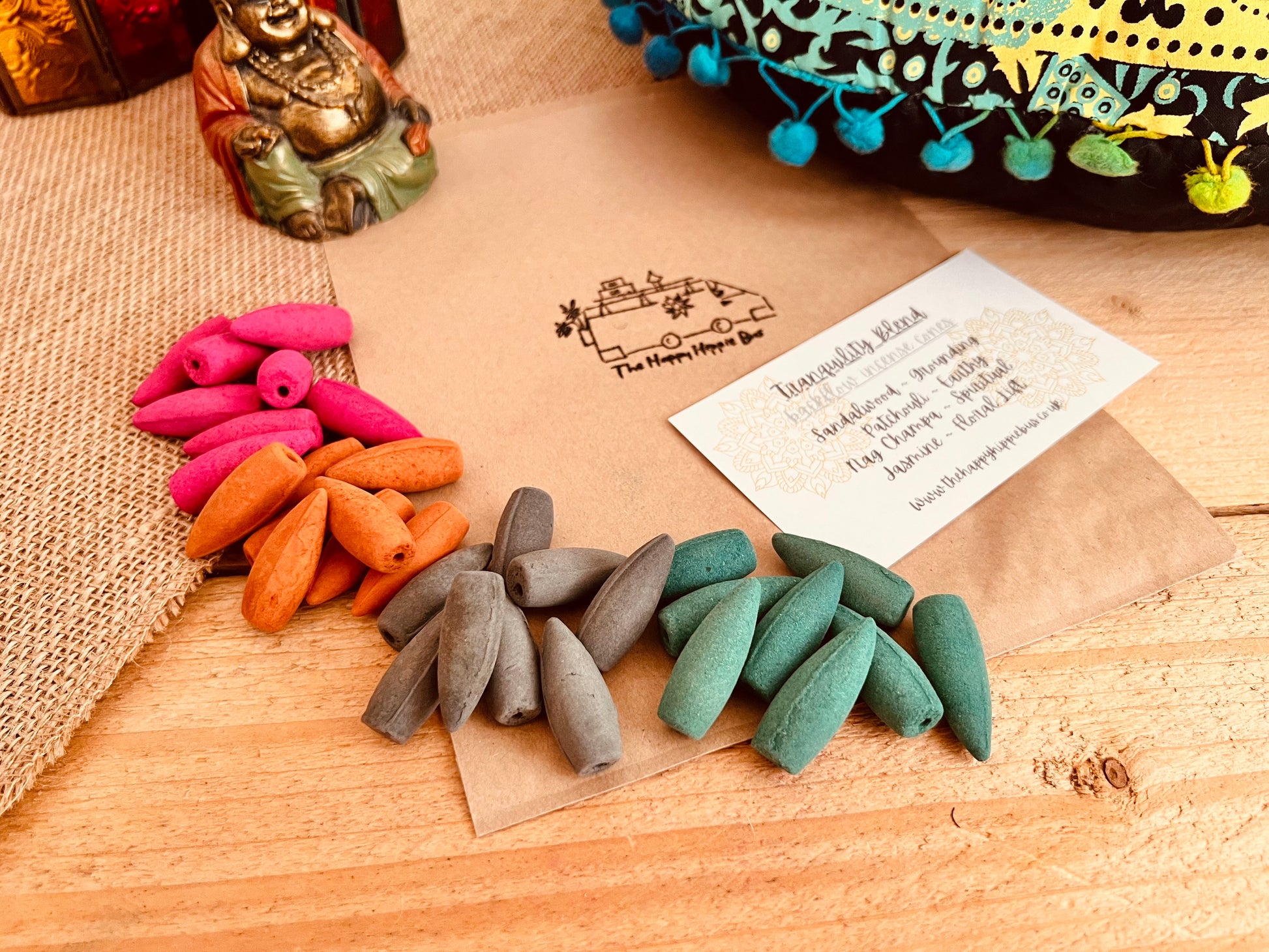 Close-up of Tranquility Blend backflow incense cones in earthy natural tones