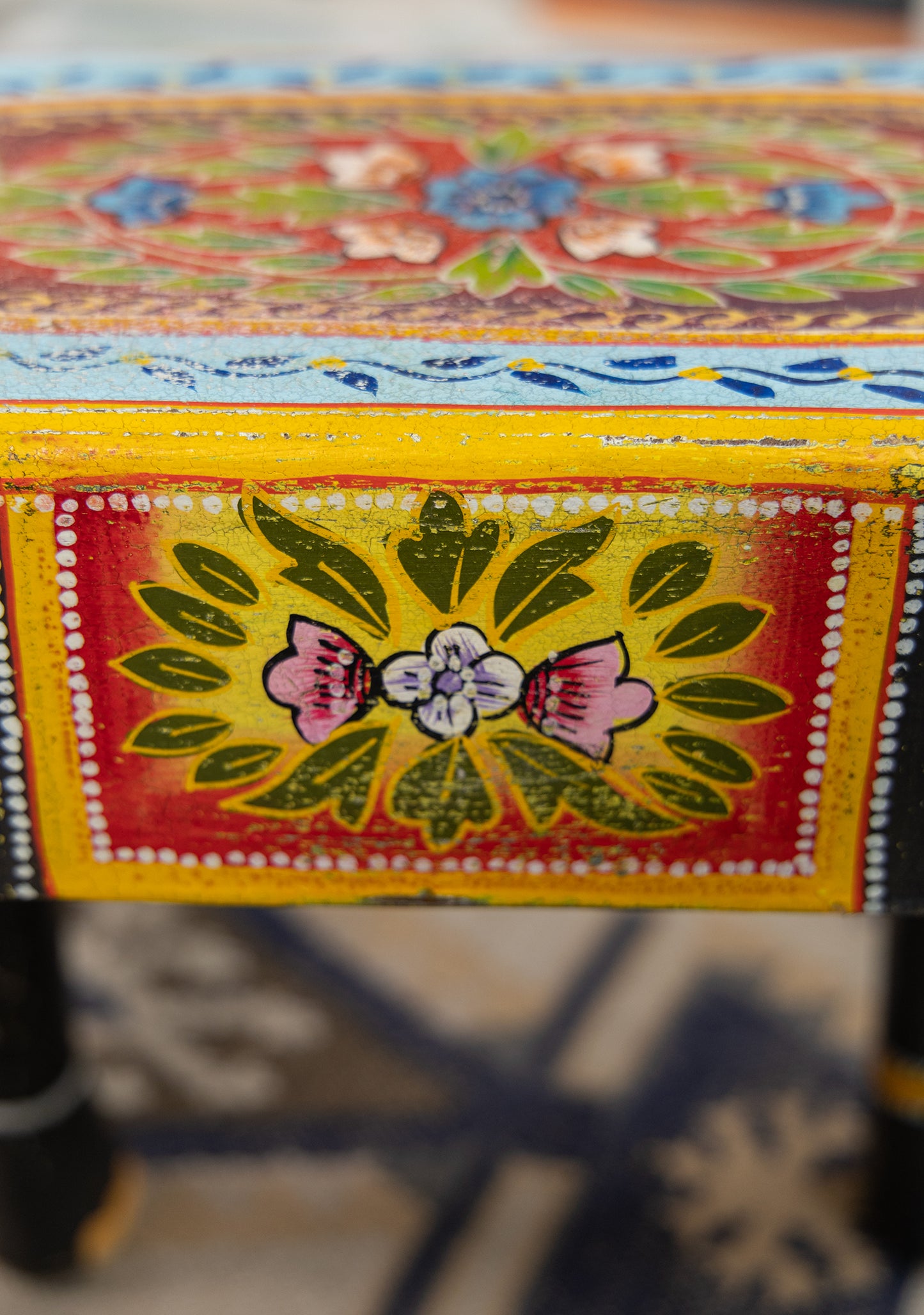 Handmade Fair Trade Ethically Sourced Bohemian Hippie Elephant Black Yellow Table Side Table Unique Hand Painted 