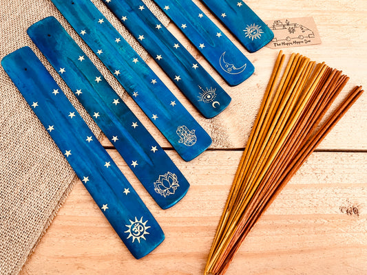 long incense holder ash catcher, incense stick holder burner in dark midnight blue colour with gold printed boho hippie design finish, six designs to choose from, handmade, hand printed ethically sourced wooden incense holder, boho hippie home decor incense