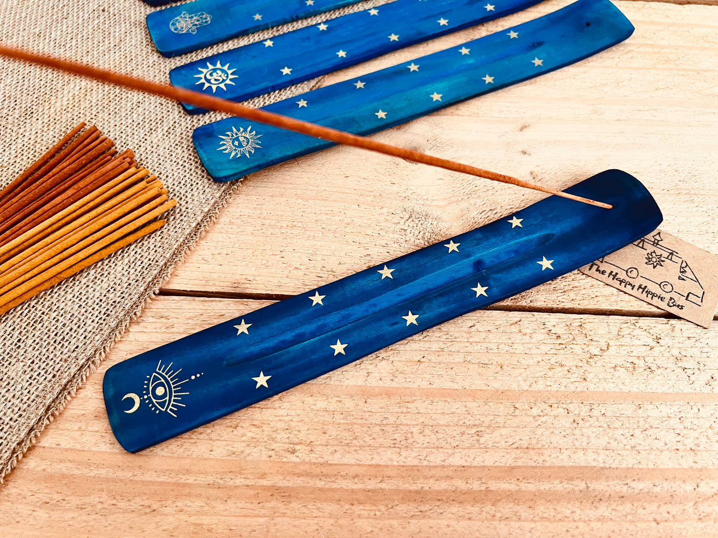 Third eye design long incense holder ash catcher, incense stick holder burner in dark midnight blue colour with gold printed boho hippie design finish, six designs to choose from, handmade, hand printed ethically sourced wooden incense holder, boho hippie home decor incense