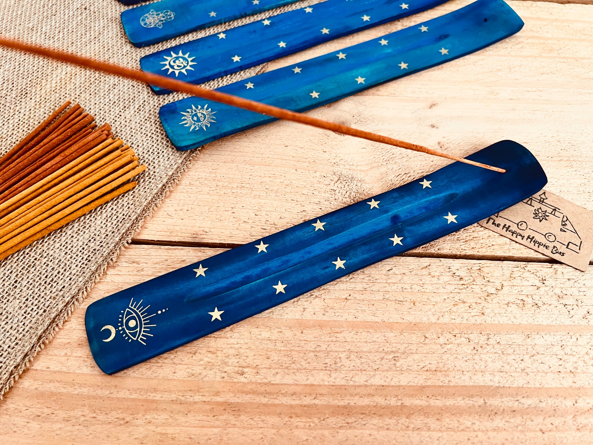 Third eye design long incense holder ash catcher, incense stick holder burner in dark midnight blue colour with gold printed boho hippie design finish, six designs to choose from, handmade, hand printed ethically sourced wooden incense holder, boho hippie home decor incense