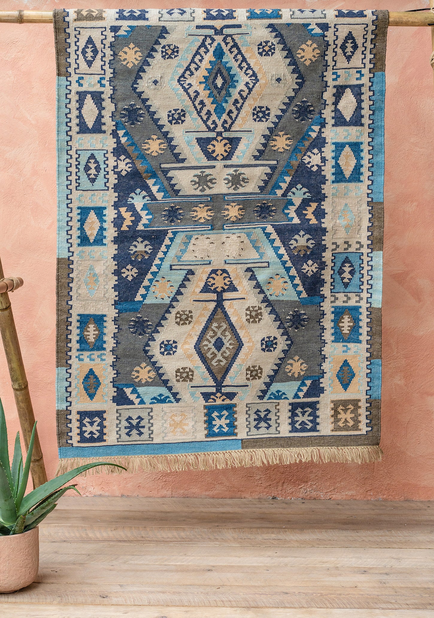 Decorative rug with geometric pattern blue and natural bohemian hippie handmade rug runner