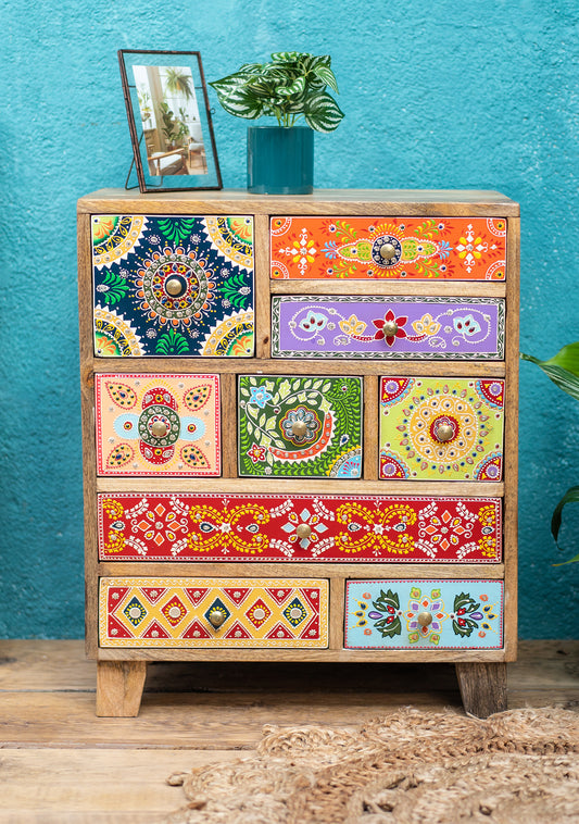 Handmade Fair Trade Ethically Sourced Bohemian Set Of Drawers Hand Painted Hippie Furniture Indian Cabinet 