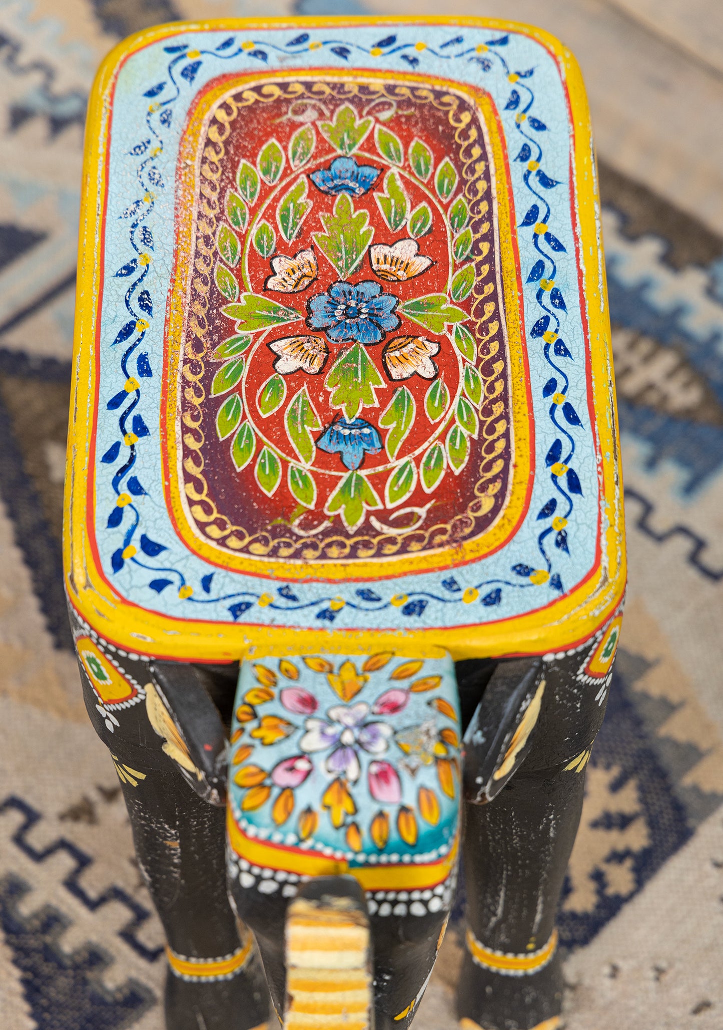 Handmade Fair Trade Ethically Sourced Bohemian Hippie Elephant Black Yellow Table Side Table Unique Hand Painted 