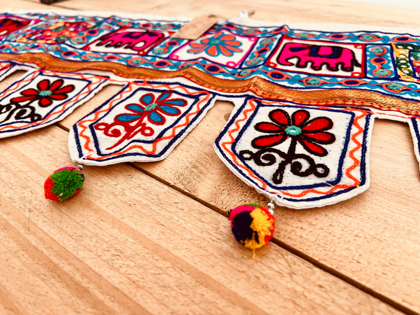 Colorful embroidered fabric with floral and elephant patterns Handmade Indian Elephant Toran Hanging Door Decor Bohemian Hippie Fair Trade 