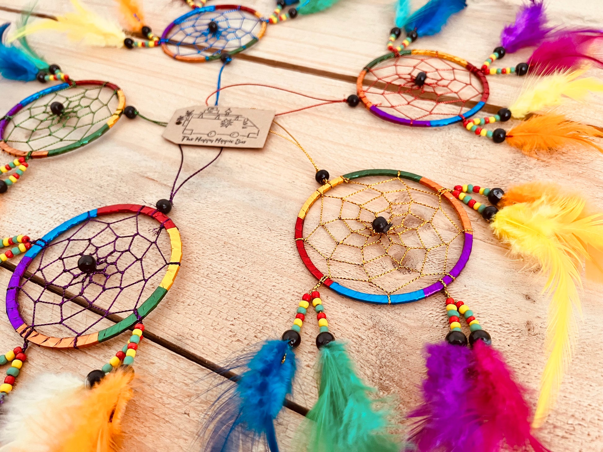 Mini Colourful Bohemian Hippie Dream Catcher with beads and colourful feathers Bedroom Home Decor Window Decoration Handmade Fair Trade Ethically Sourced