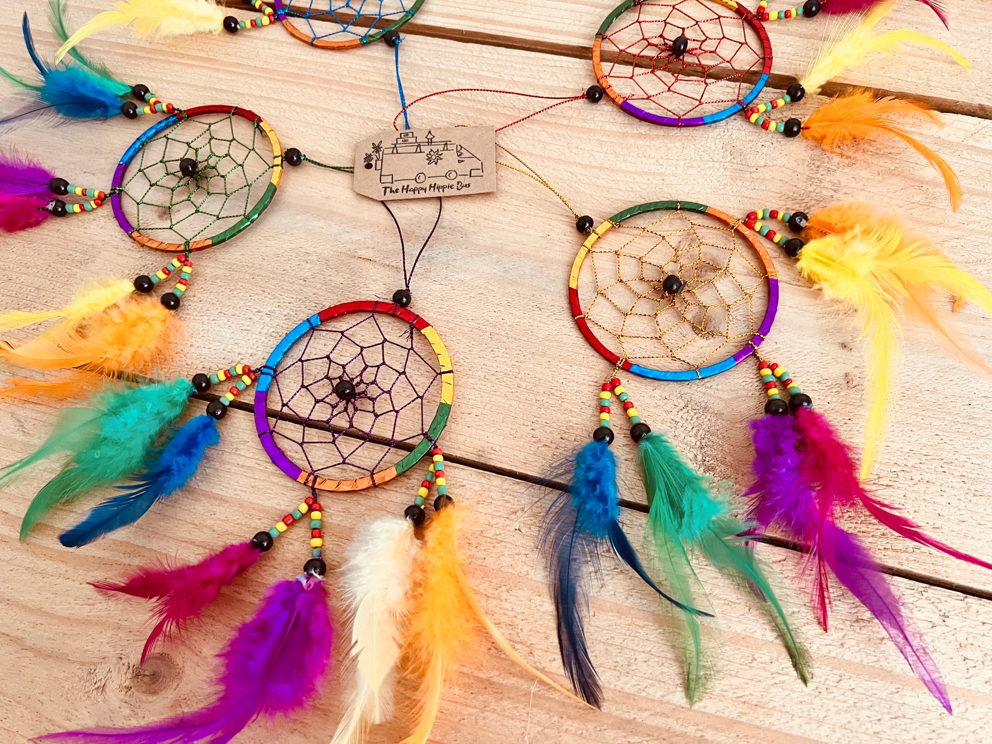 Mini Colourful Bohemian Hippie Dream Catcher with beads and colourful feathers Bedroom Home Decor Window Decoration Handmade Fair Trade Ethically Sourced