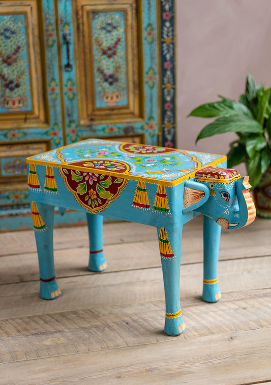 Handmade Fair Trade Ethically Sourced Bohemian Hippie Elephant Blue Table Side Table Unique Hand Painted 