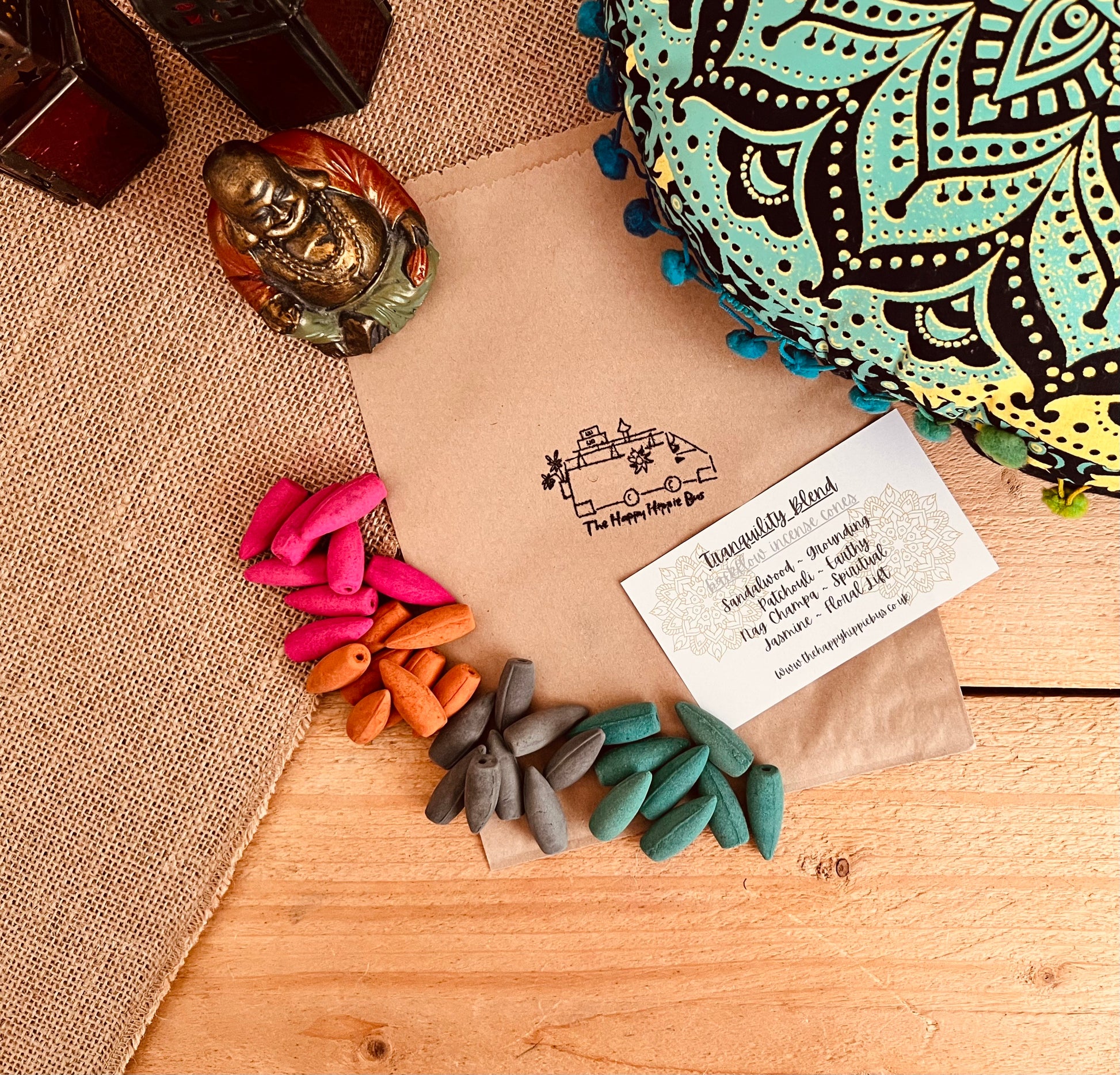 Tranquility Blend incense backflow cone pack – sandalwood, patchouli, nag champa, jasmine, plastic-free & fair trade