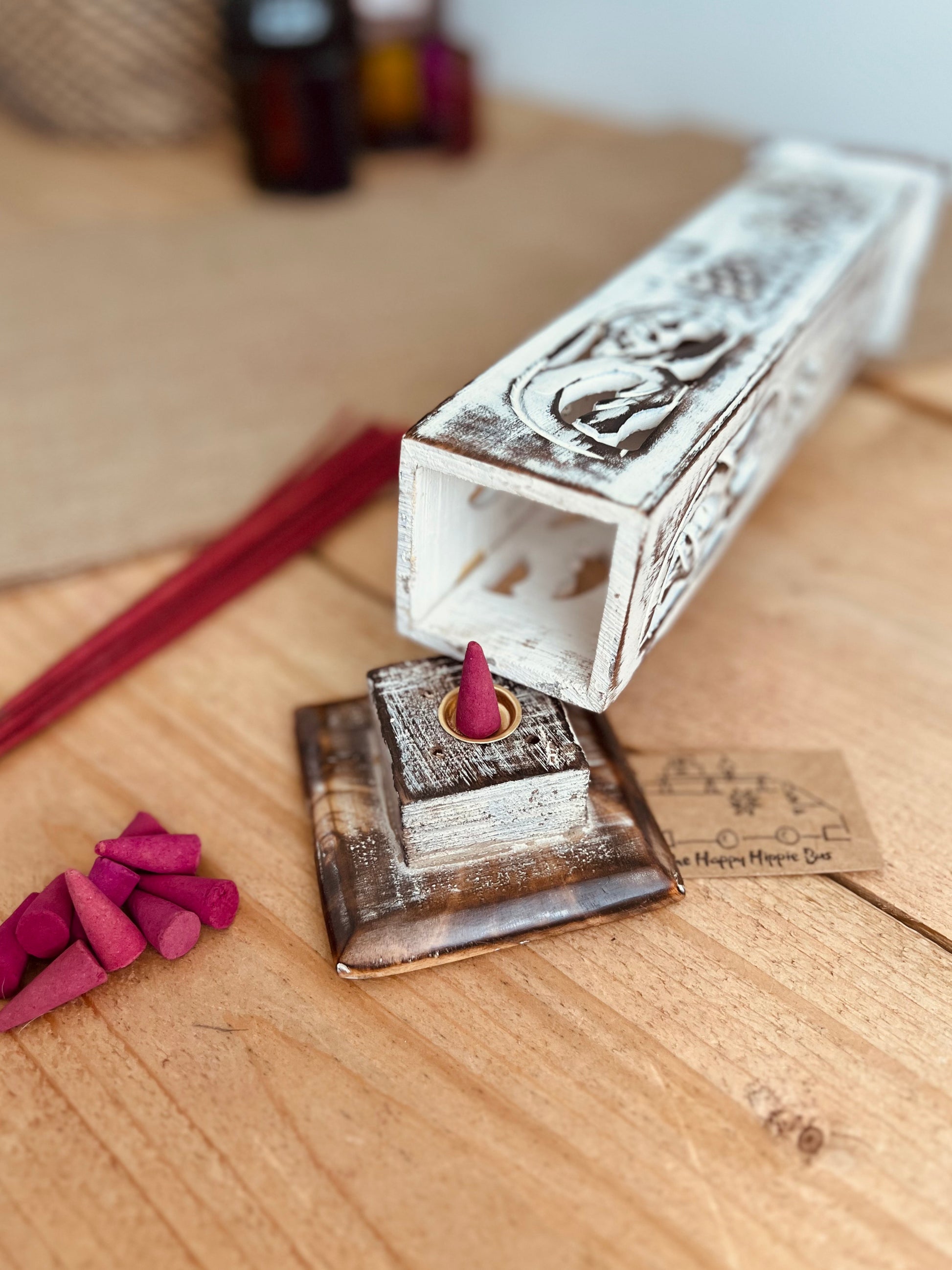 Handmade Fair Trade Ethically Sourced White Washed Incense Cone & Stick Holder Incense Tower Ash Catcher Mango Wood Sustainable Made 