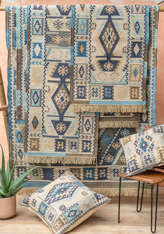 Patterned bohemian blue rug fair trade handmade hand loomed runner 