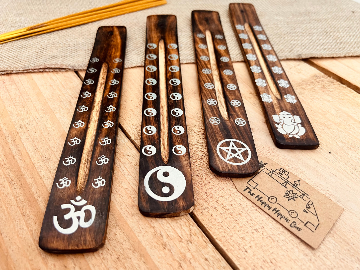 handmade incense stick holder burner with metallic paint printed bohemian hippie chic designs, Om Symbol, Pentagram, Ganesha, Yin Yang incense ash catcher, calming incense sticks, ethically sourced wooden incense holder in dark wood finish