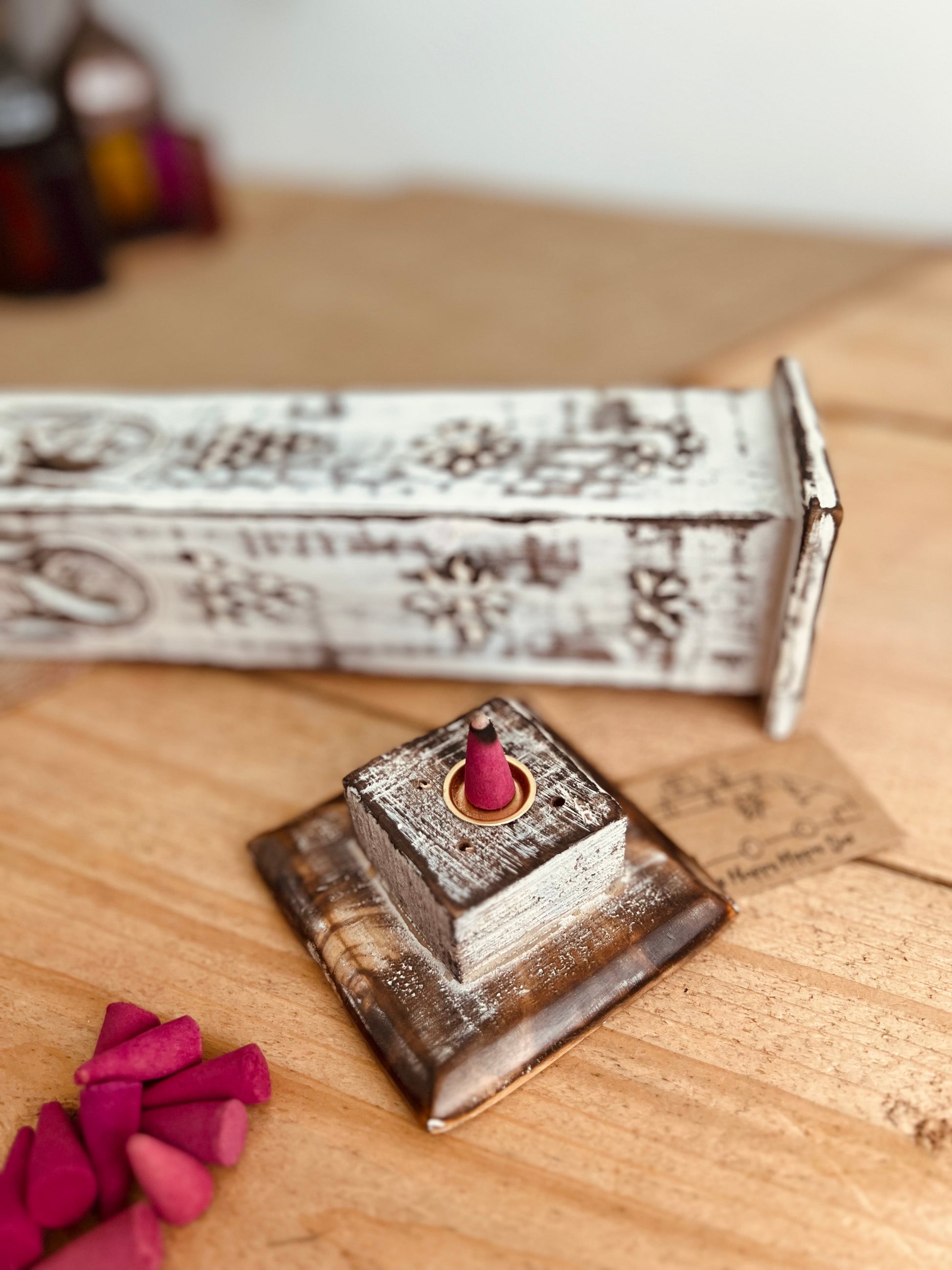 Handmade Fair Trade Ethically Sourced White Washed Incense Cone & Stick Holder Incense Tower Ash Catcher Mango Wood Sustainable Made 