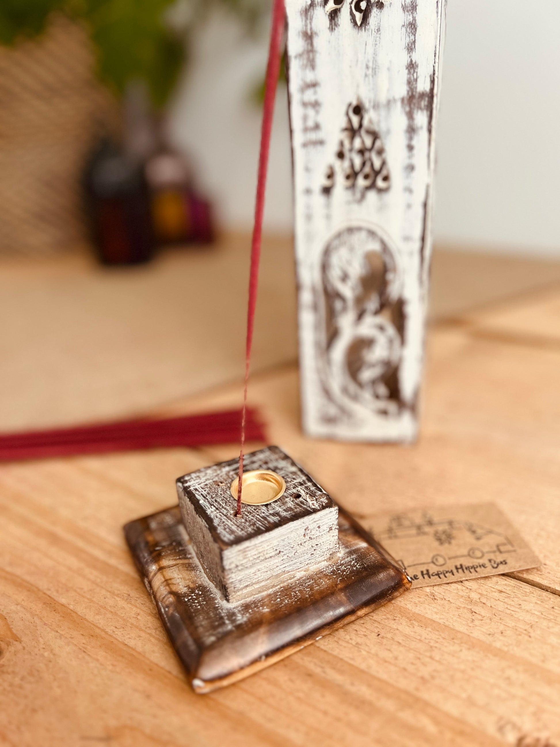 Handmade Fair Trade Ethically Sourced White Washed Incense Cone & Stick Holder Incense Tower Ash Catcher Mango Wood Sustainable Made 