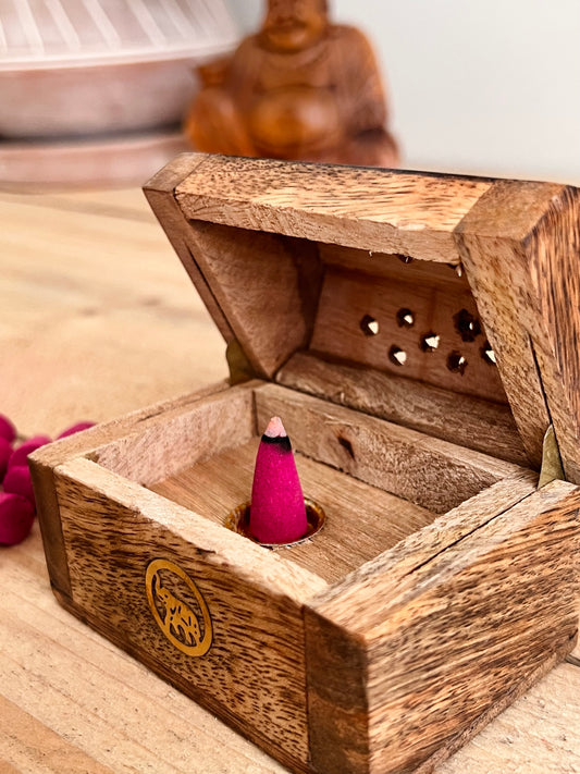 Handmade Fair Trade Ethically Sourced Mango Wood Incense Cone Box Ash Catcher Incense Coffin Box 
